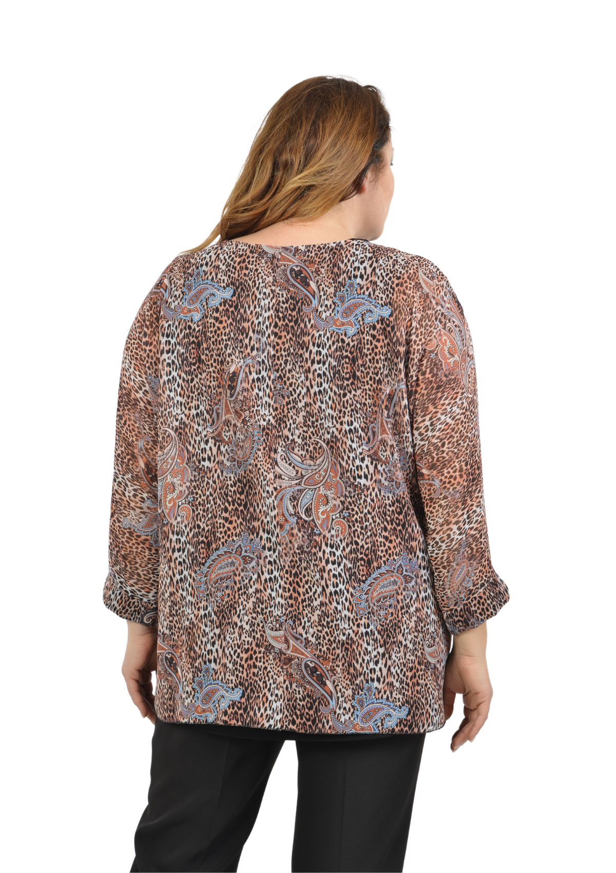 Büyük Beden Kahve Renkli Desenli Şifon Bluz