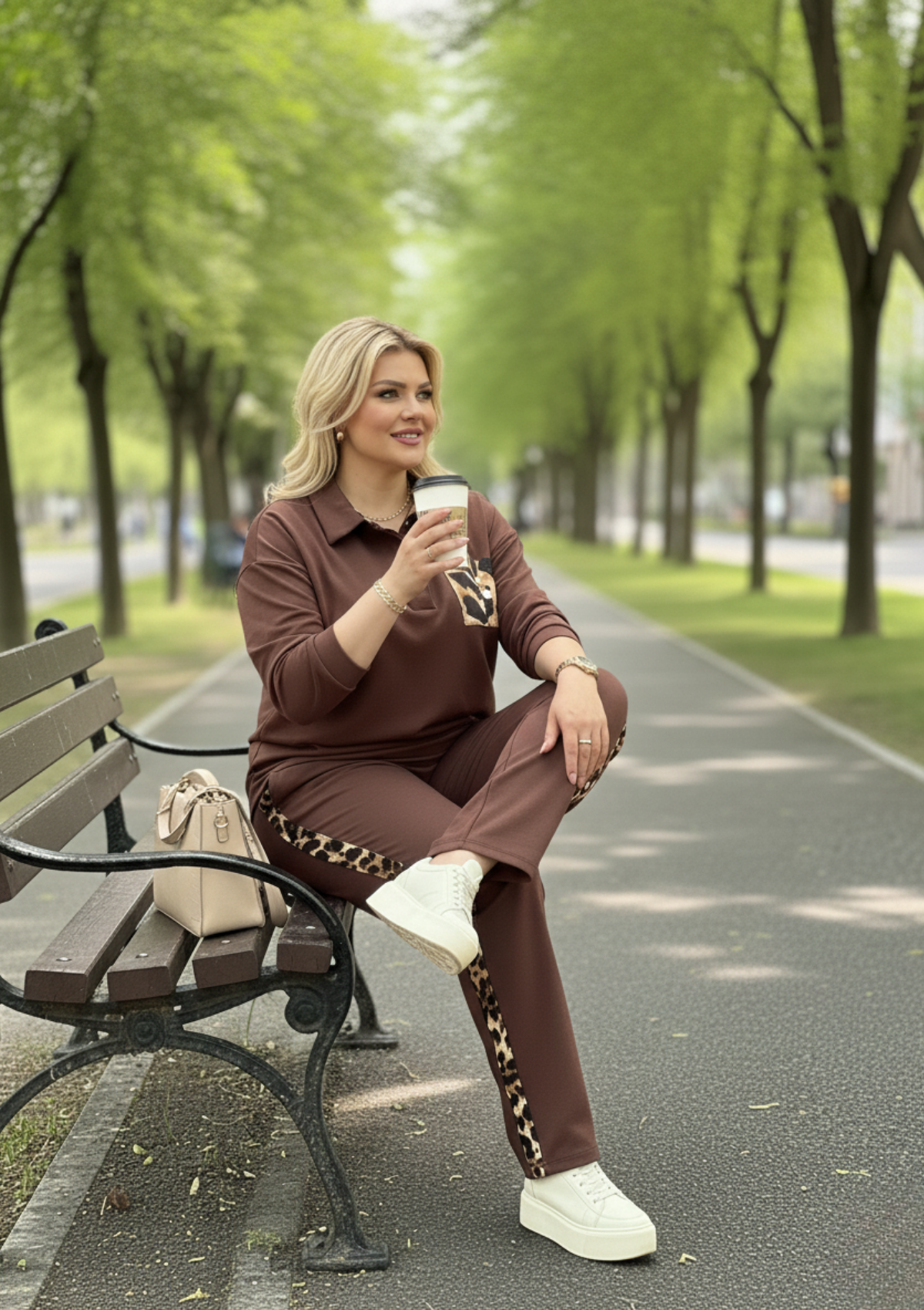 Büyük Beden Kahve Renkli Likralı Polo Yaka Eşofman Takım