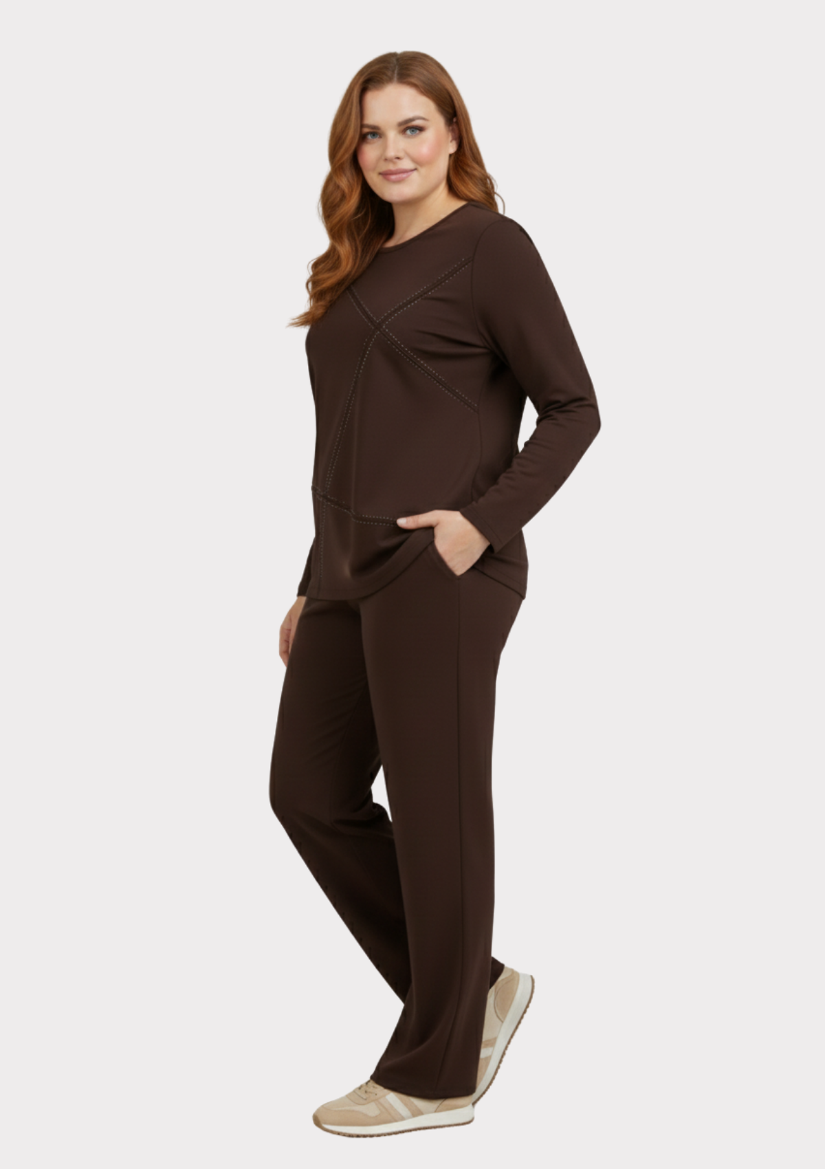 Büyük Beden Kahve Renkli Likralı Taş Baskılı Eşofman Takım