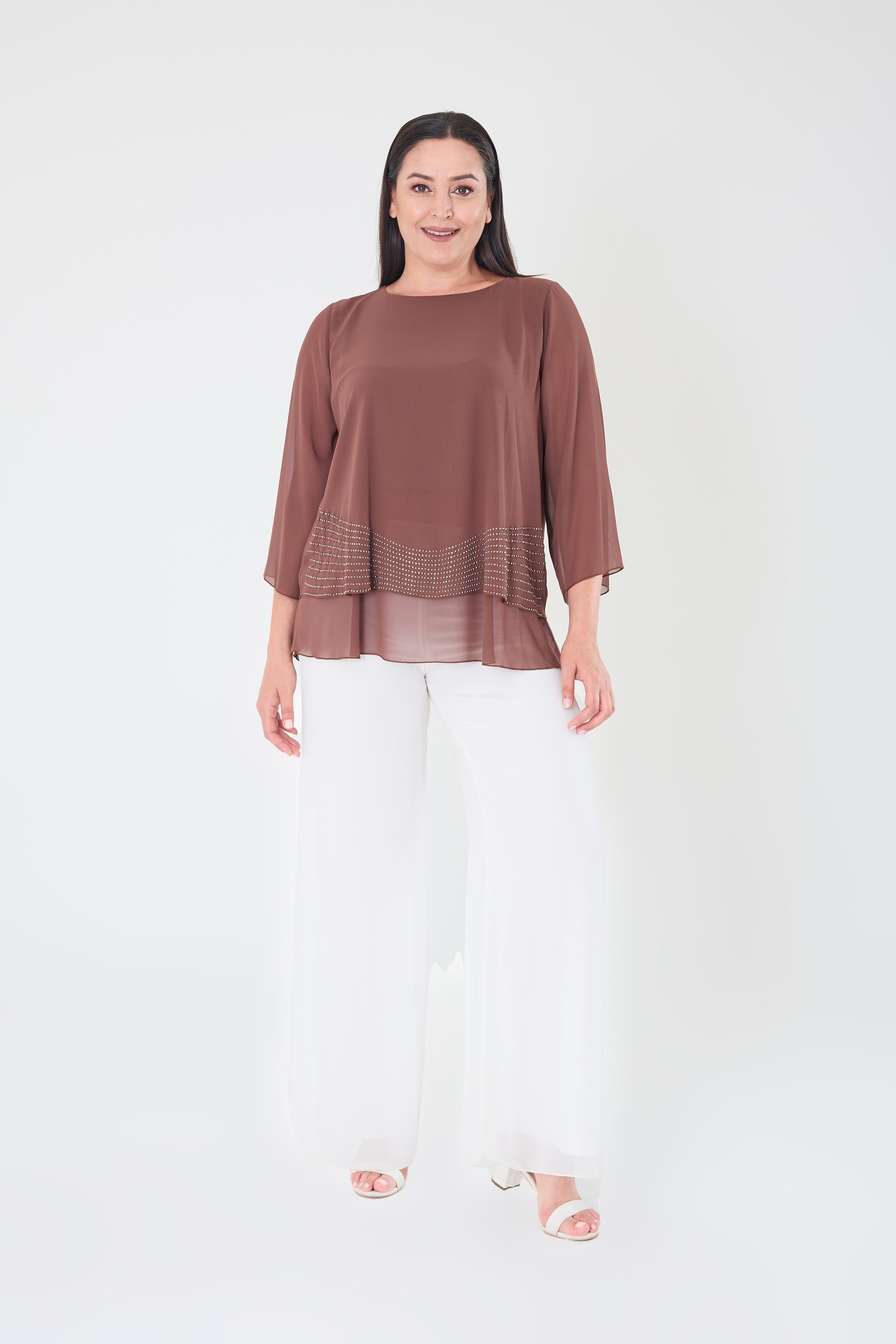Büyük Beden Kahve Renkli Şifon Abiye Bluz