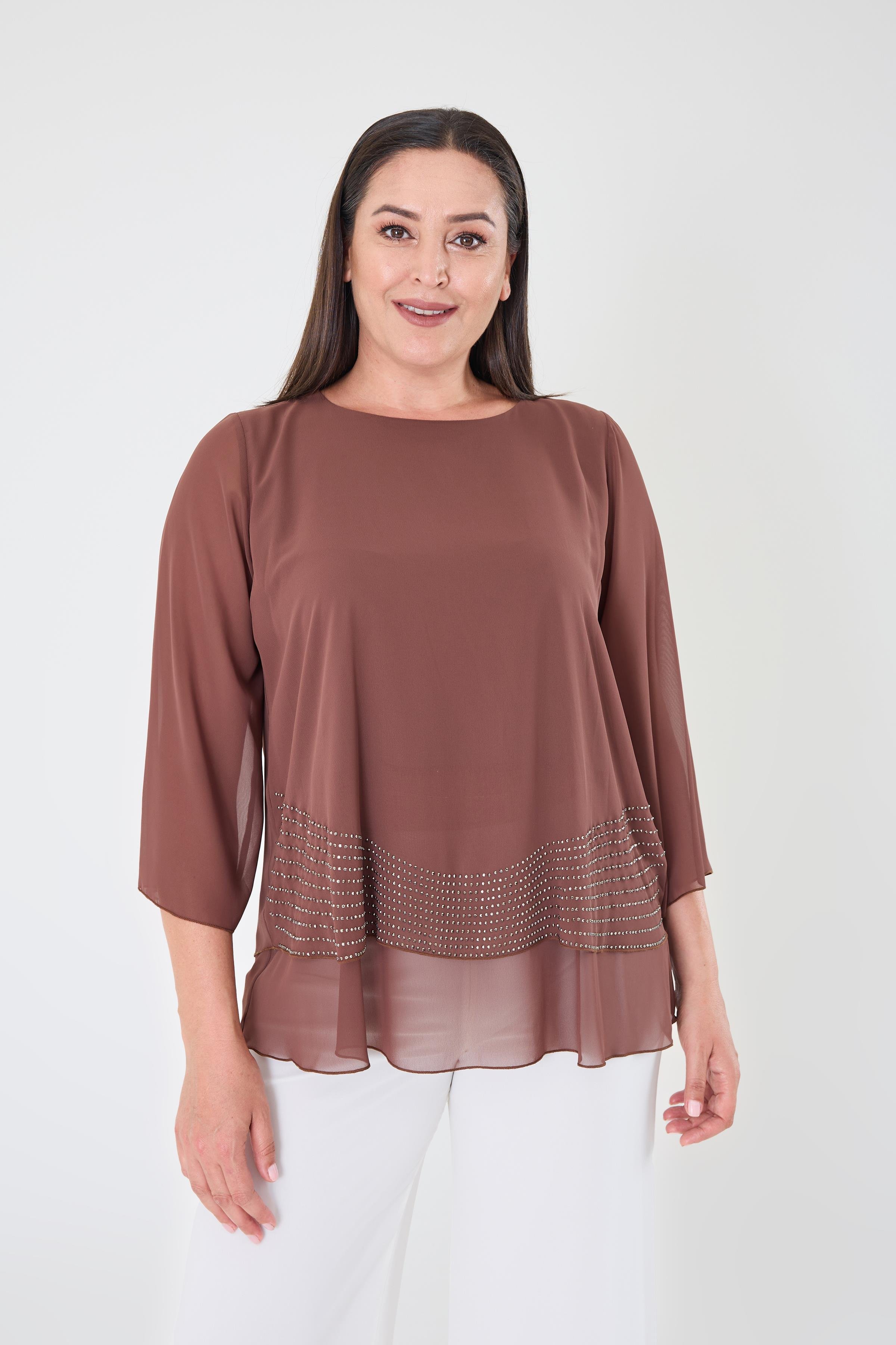 Büyük Beden Kahve Renkli Şifon Abiye Bluz