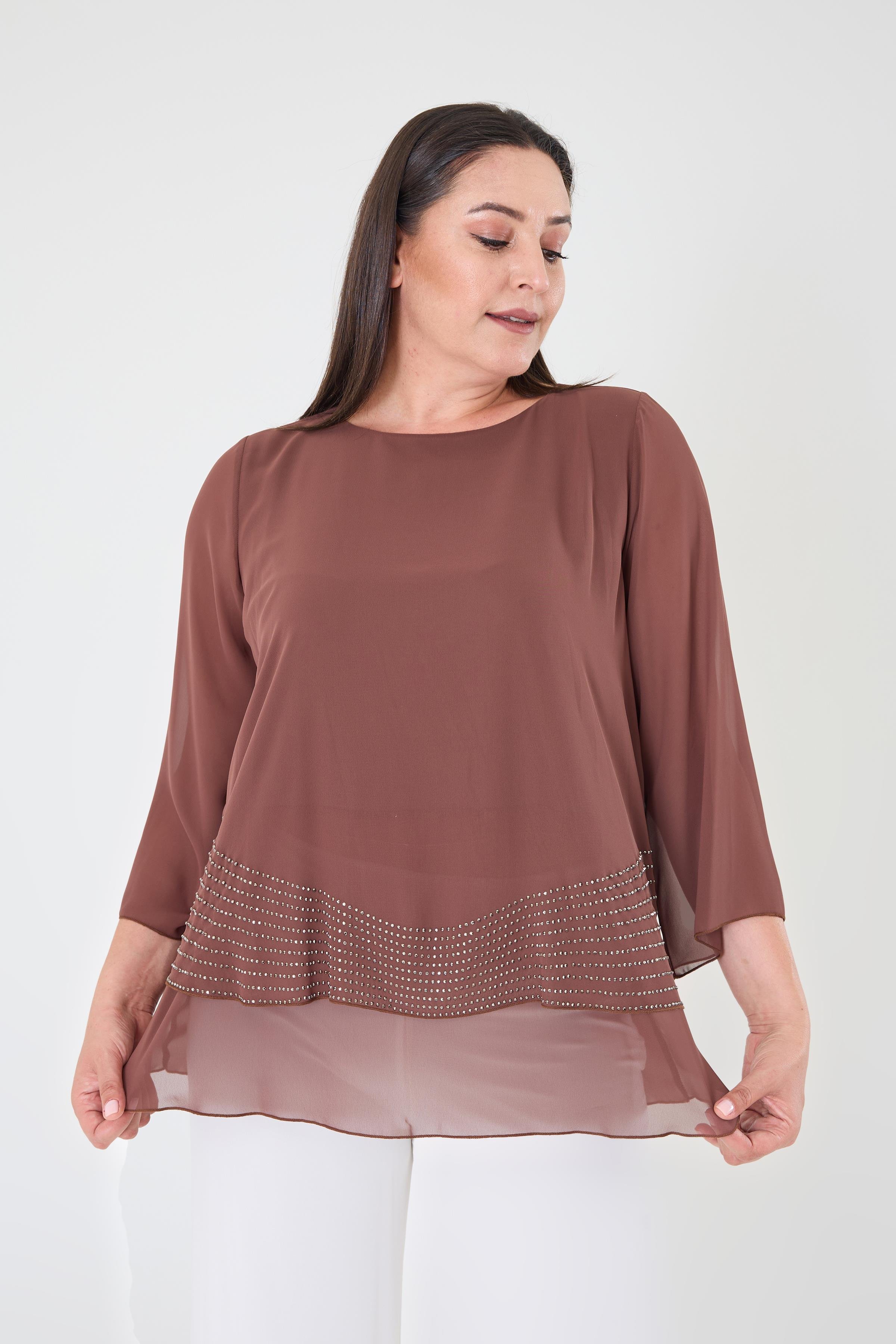 Büyük Beden Kahve Renkli Şifon Abiye Bluz
