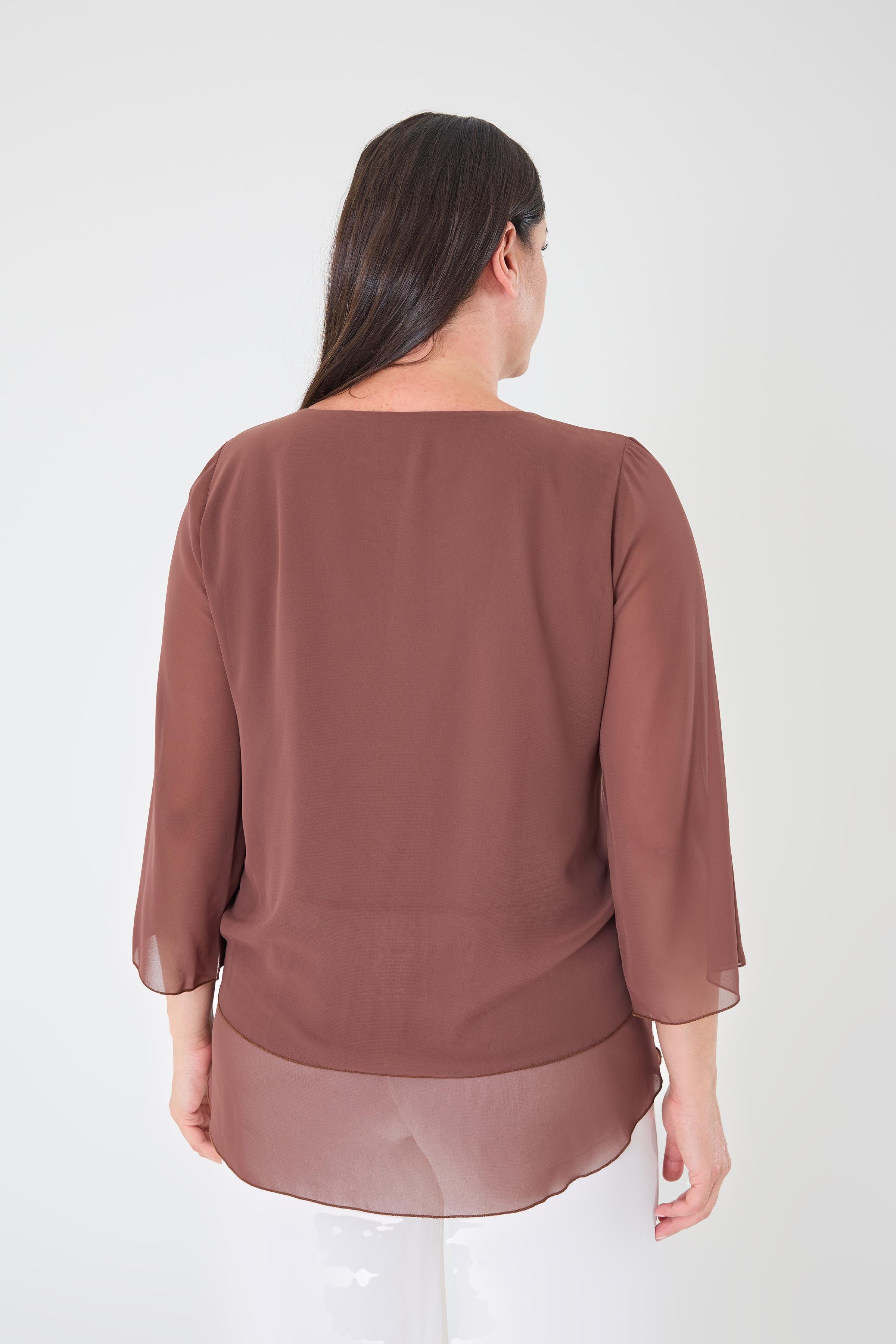 Büyük Beden Kahve Renkli Şifon Abiye Bluz
