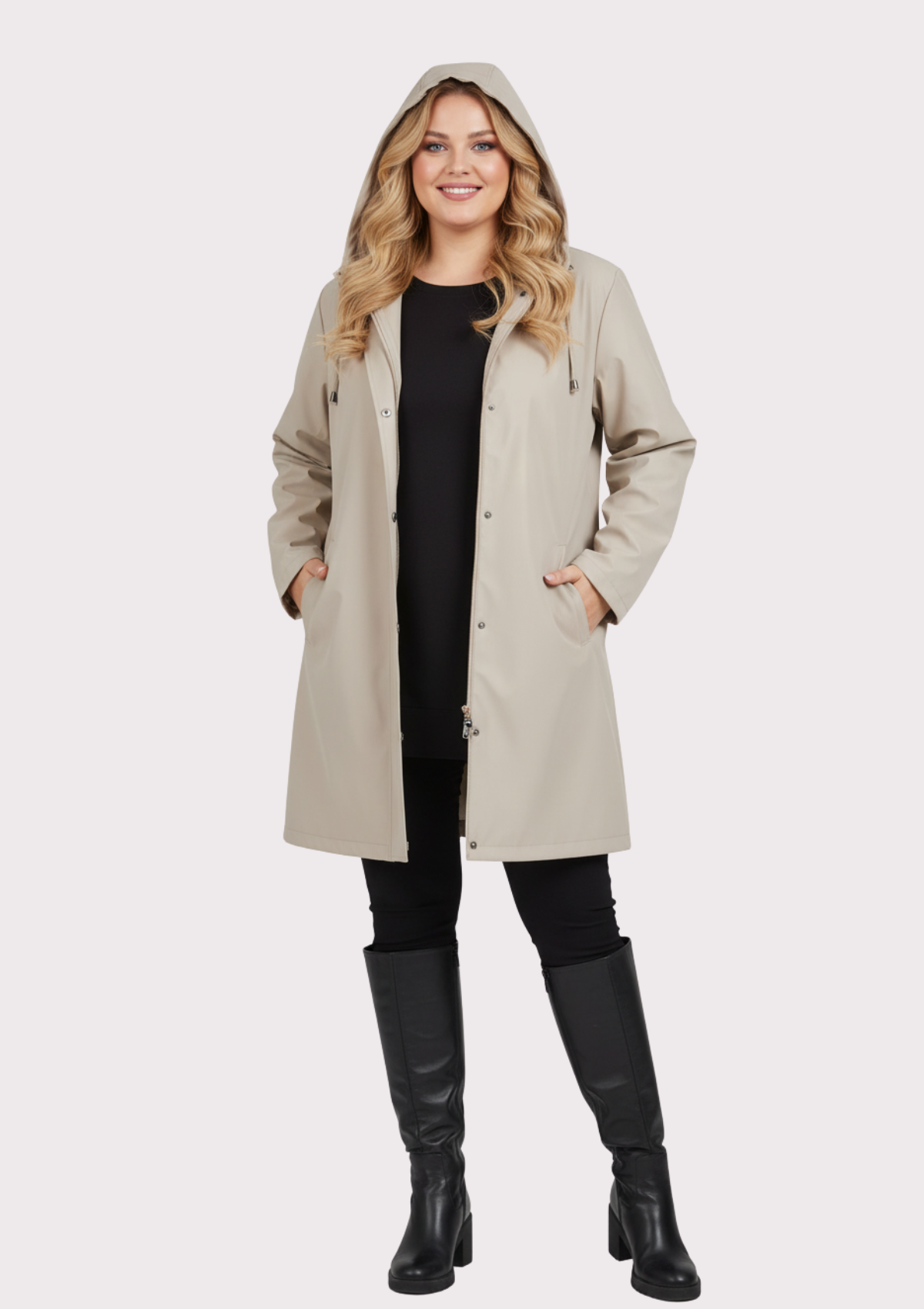 Büyük Beden Kapüşonlu Bej Renkli Bonding Ceket