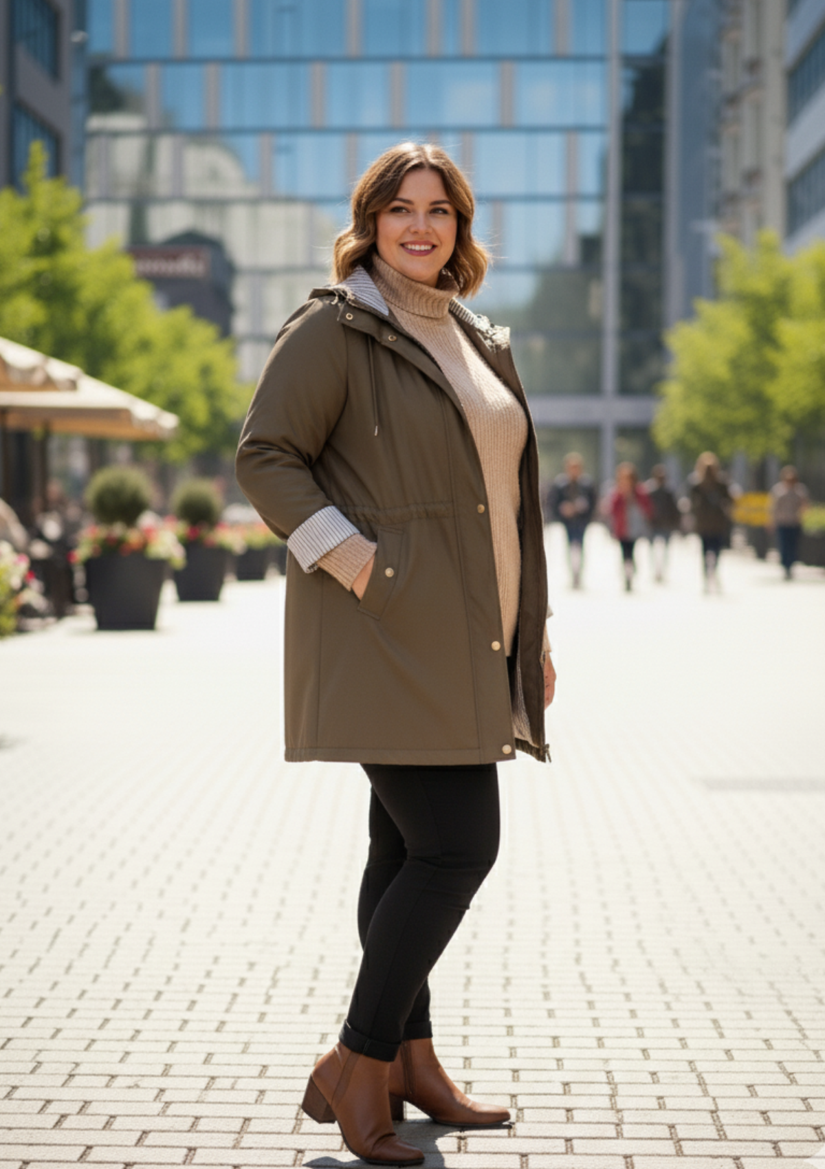 Büyük Beden Kapüşonlu Haki Renkli Bonding Ceket