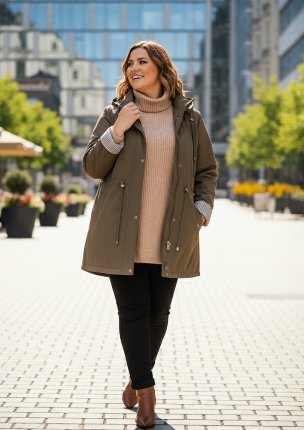 Büyük Beden Kapüşonlu Haki Renkli Bonding Ceket