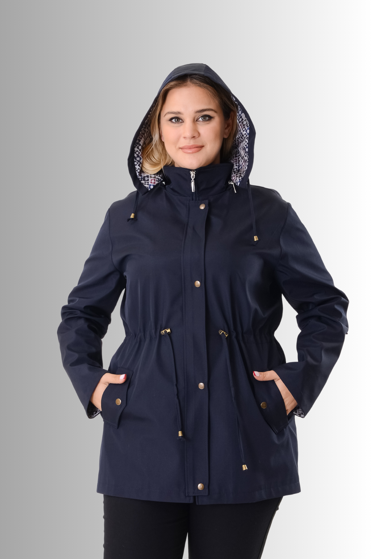 Büyük Beden Kapüşonlu Lacivert Renkli Bonding Ceket