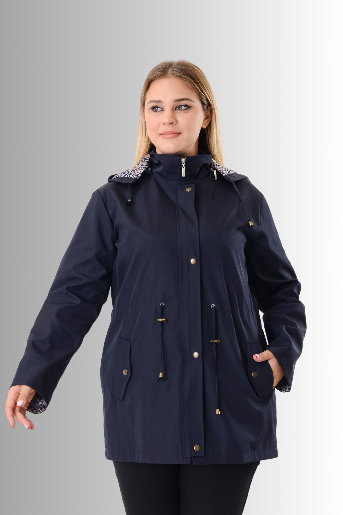 Büyük Beden Kapüşonlu Lacivert Renkli Bonding Ceket