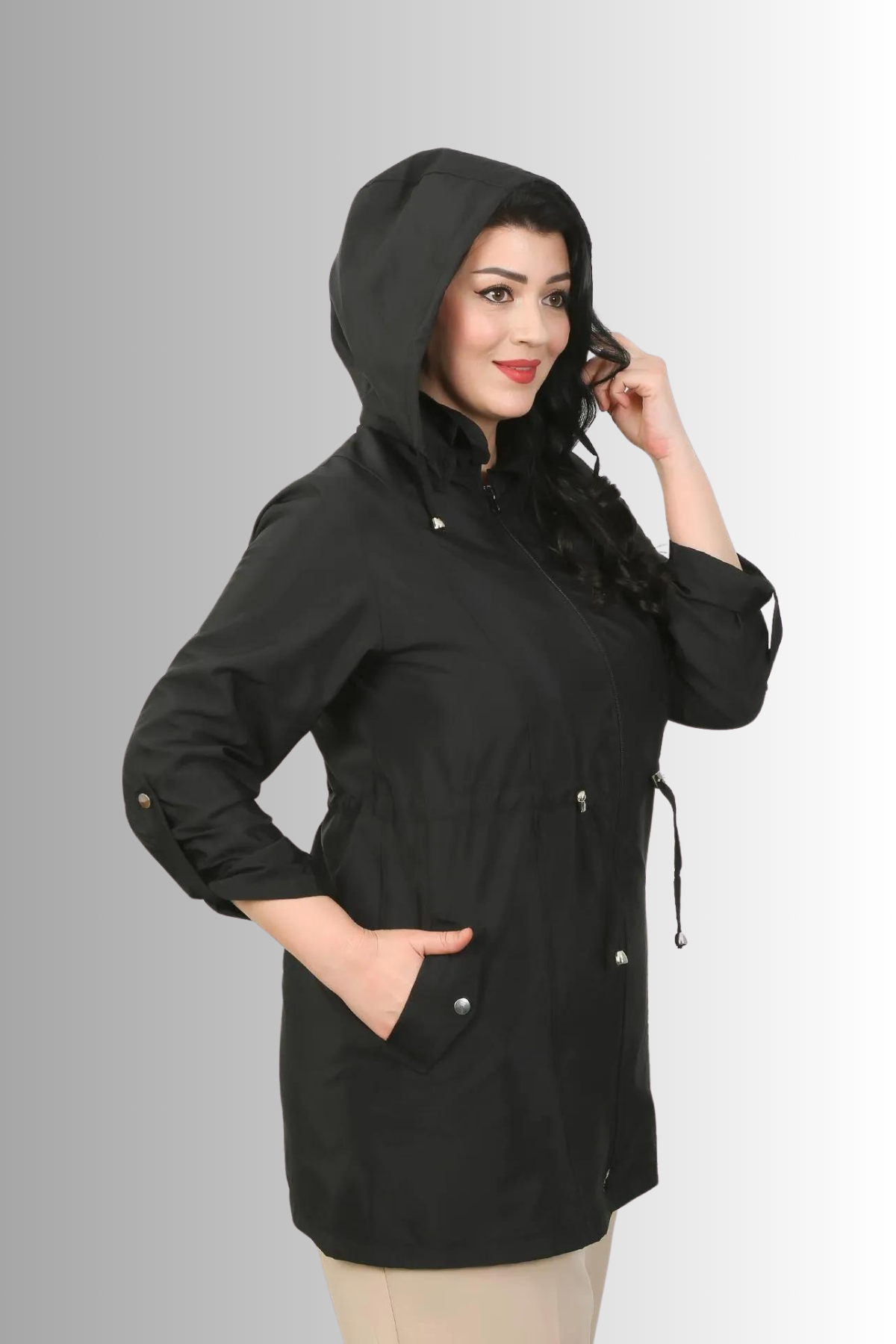 Büyük Beden Kapüşonlu Siyah Renkli İnce Yağmurluk Ceket