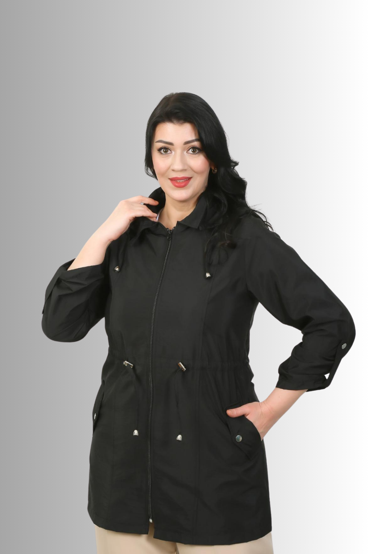 Büyük Beden Kapüşonlu Siyah Renkli İnce Yağmurluk Ceket