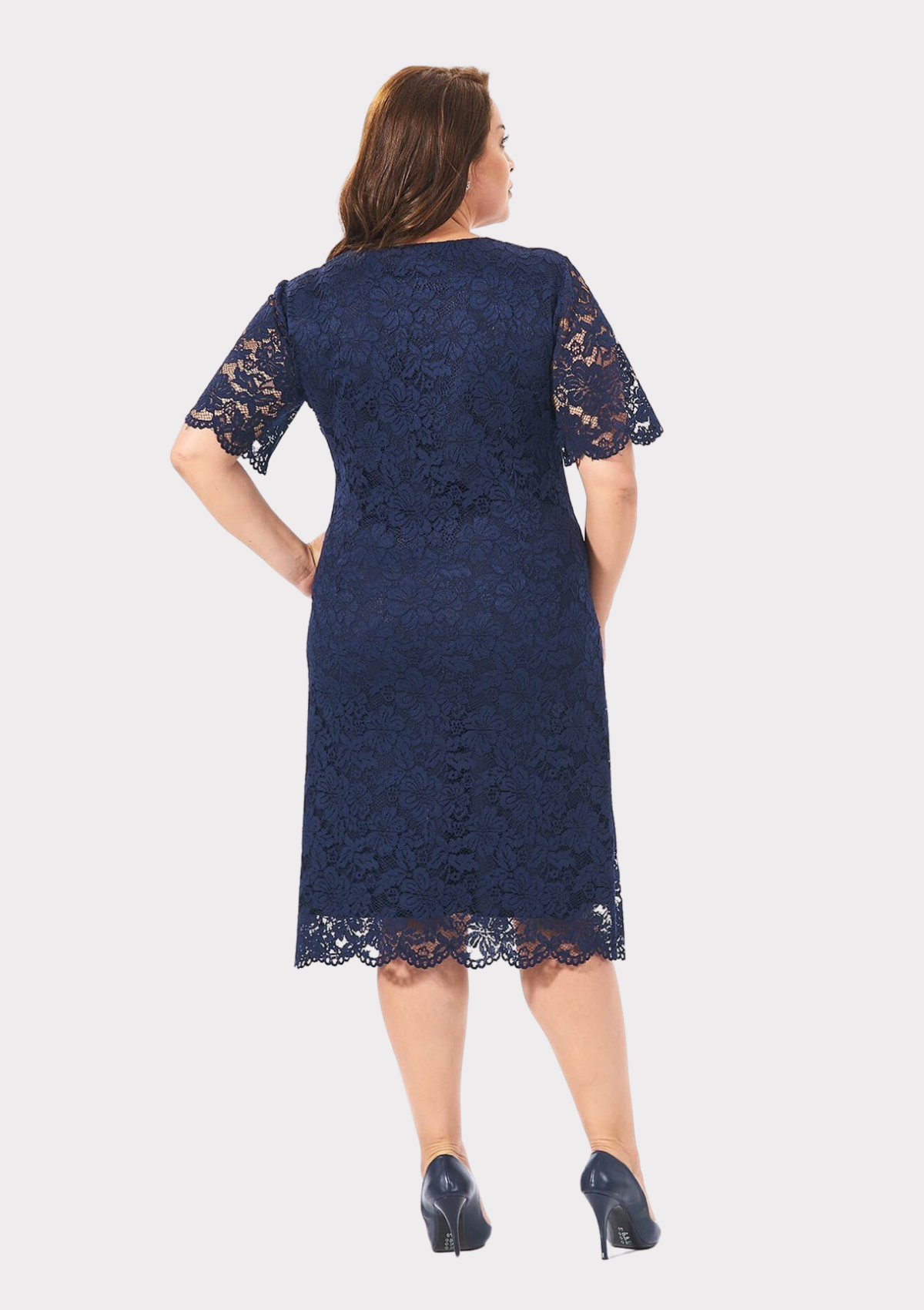 Büyük Beden Kare Yaka Lacivert Renkli Dantel Abiye Elbise