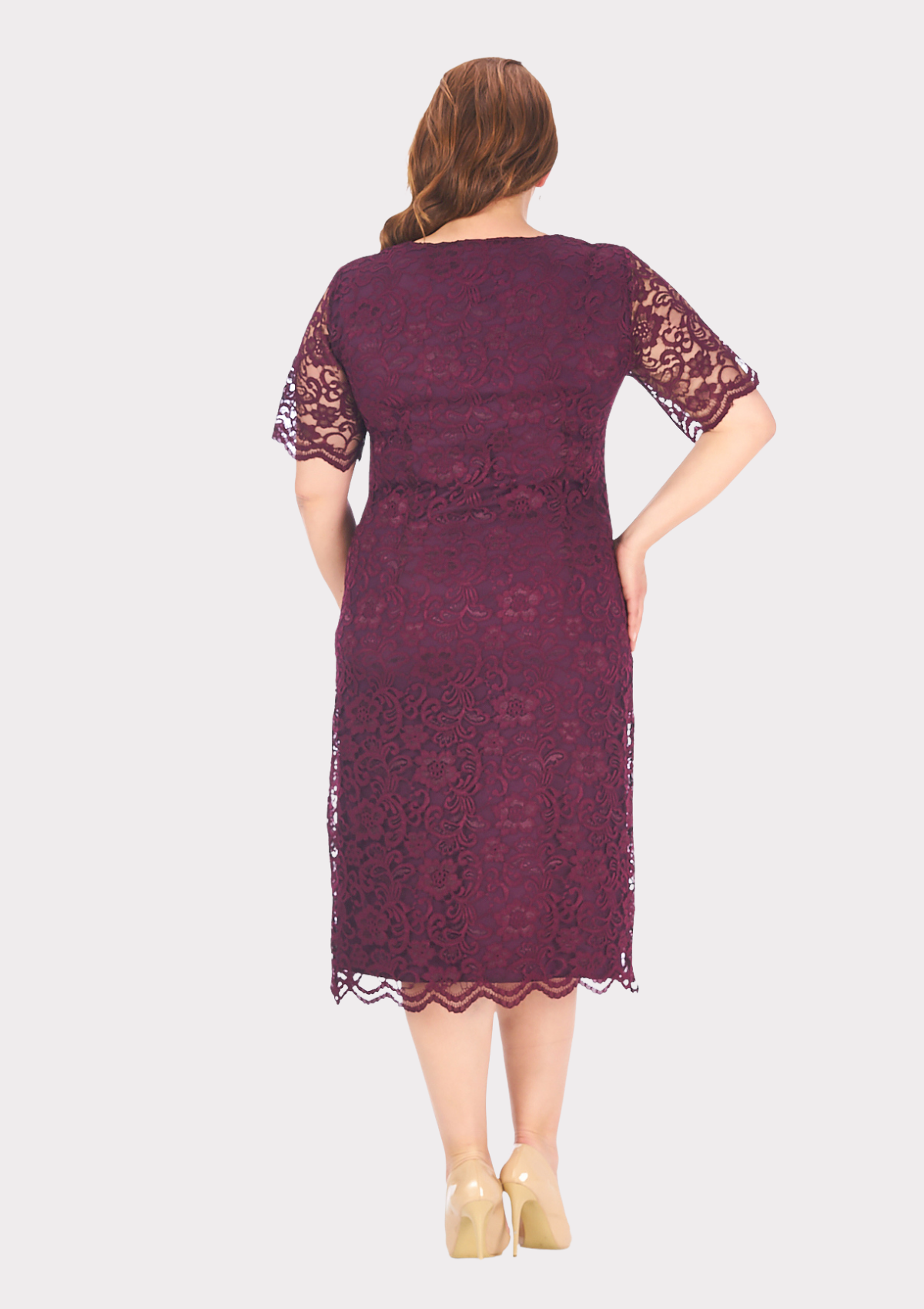 Büyük Beden Kare Yaka Mürdüm Renkli Dantel Abiye Elbise