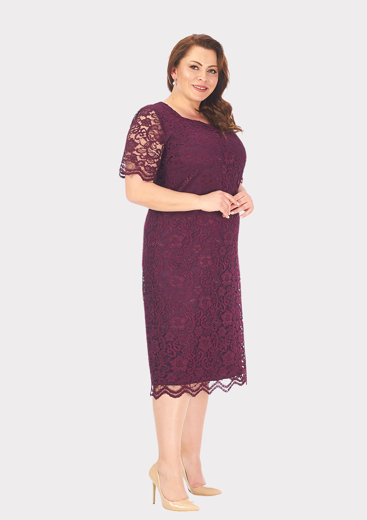 Büyük Beden Kare Yaka Mürdüm Renkli Dantel Abiye Elbise