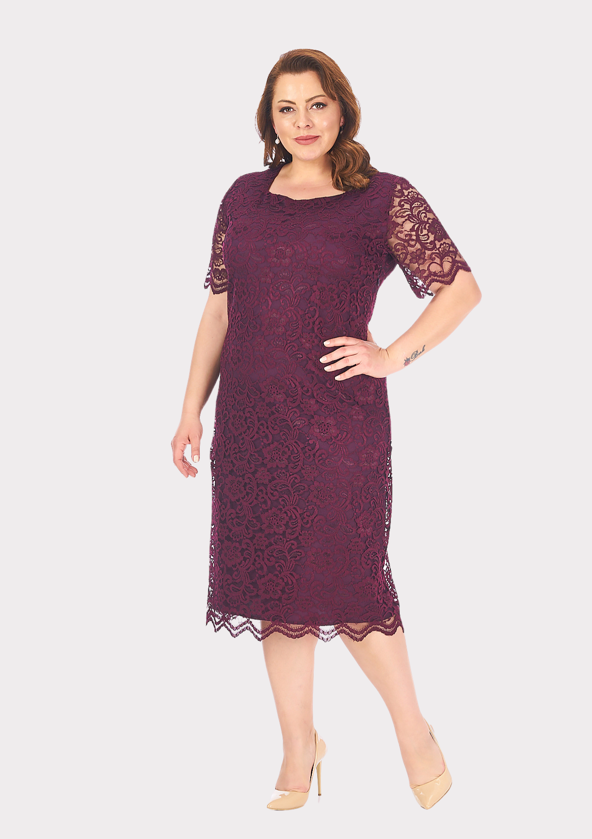 Büyük Beden Kare Yaka Mürdüm Renkli Dantel Abiye Elbise