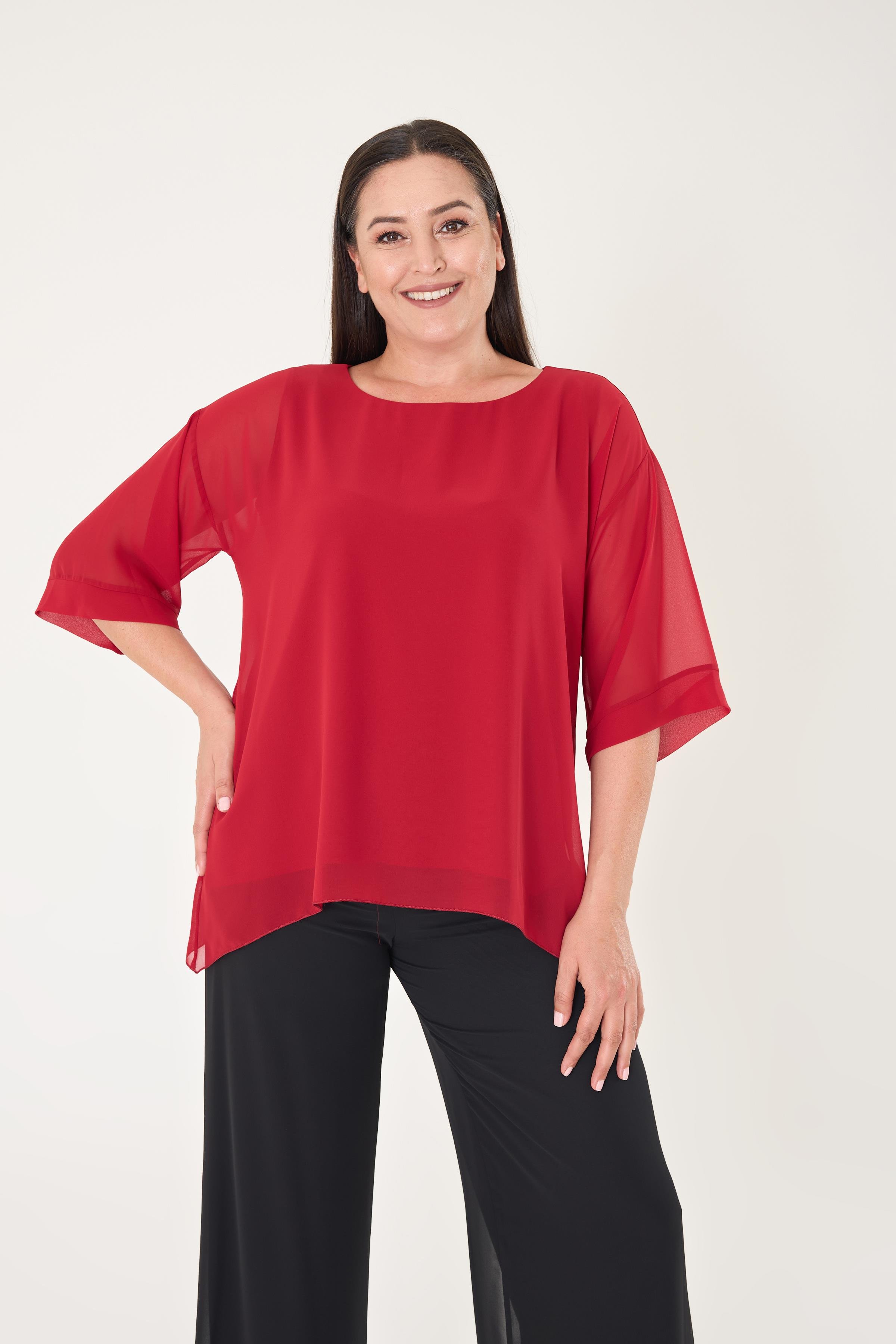 Büyük Beden Kırmızı Renkli Şifon Abiye Bluz