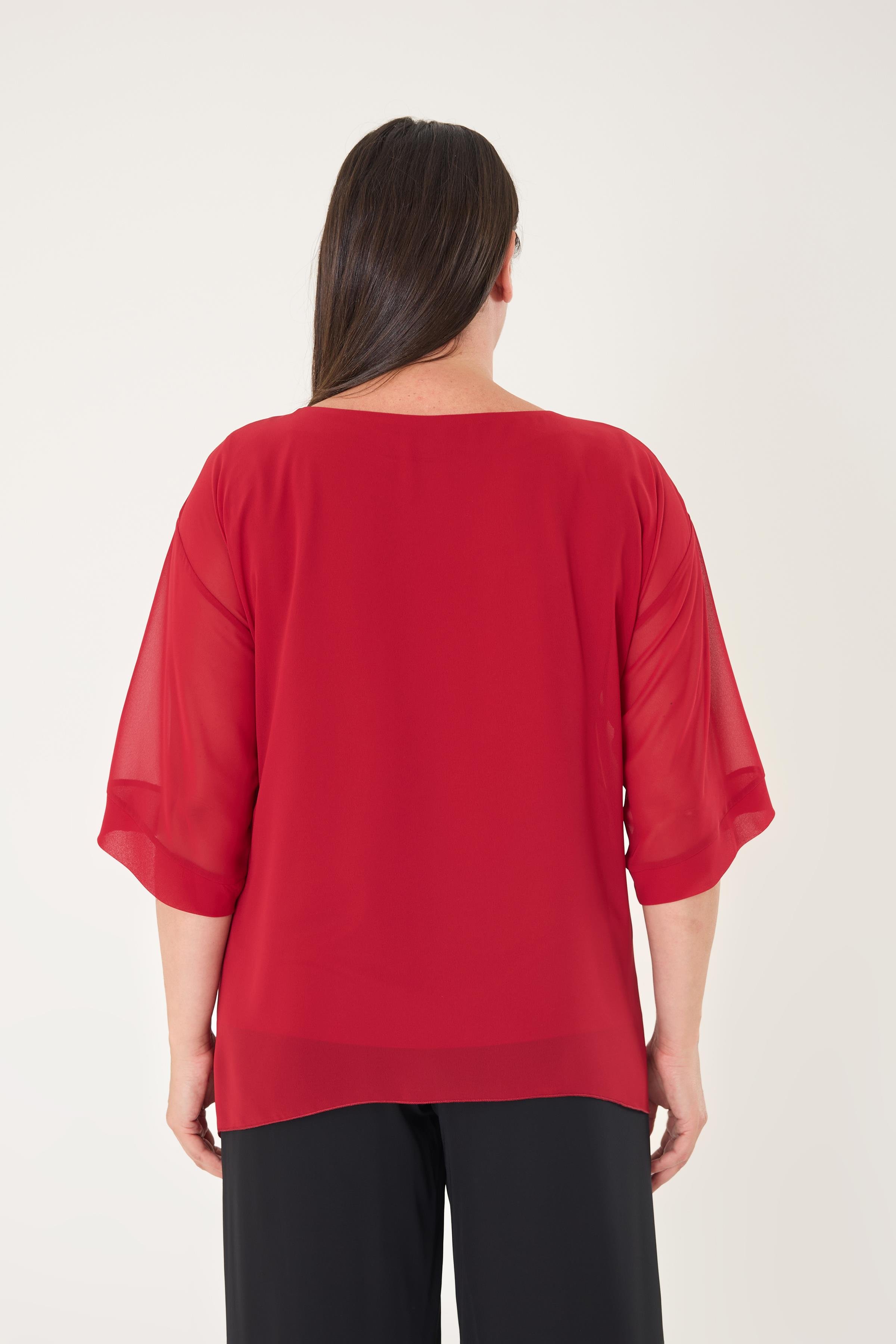 Büyük Beden Kırmızı Renkli Şifon Abiye Bluz