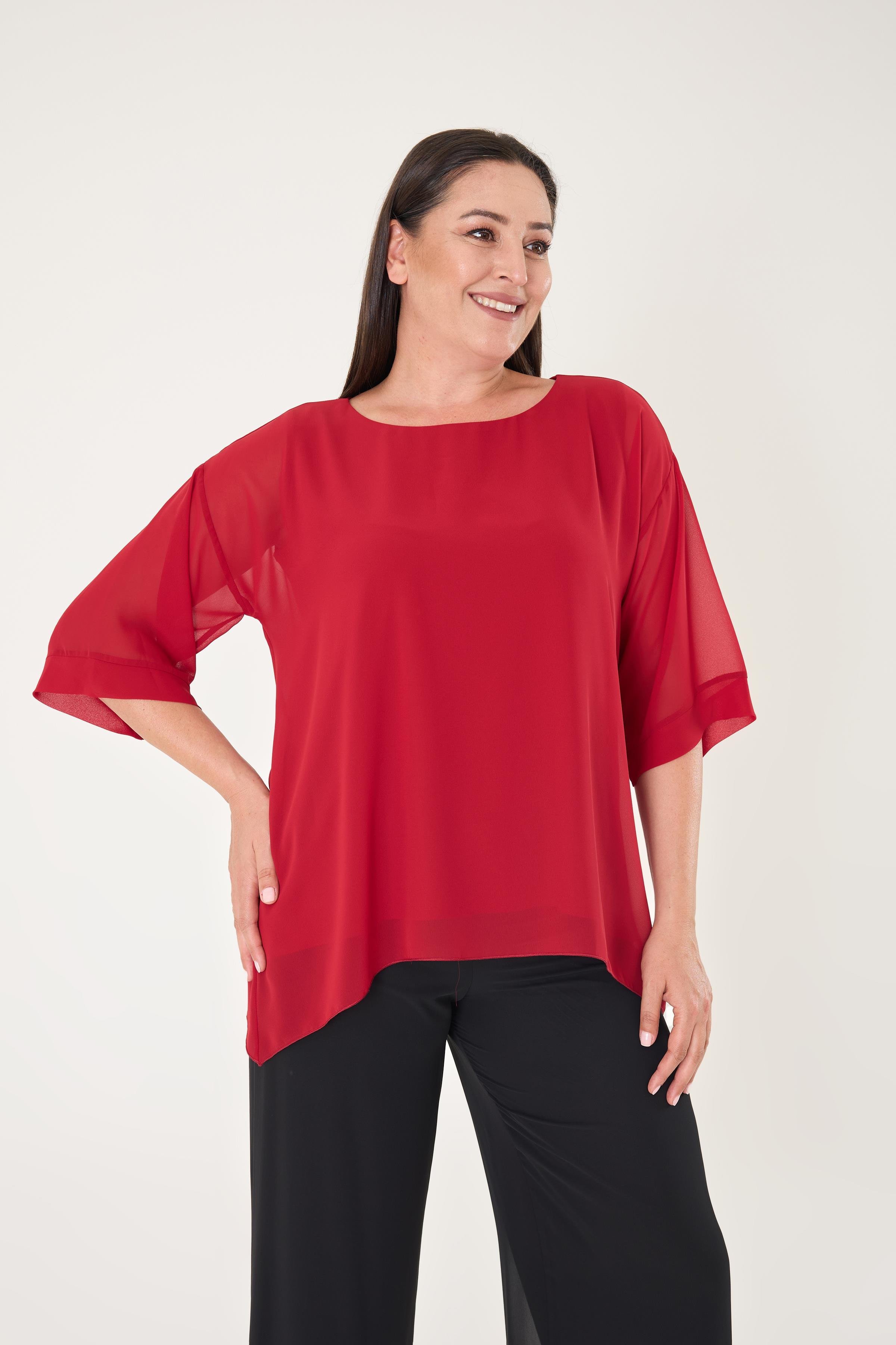 Büyük Beden Kırmızı Renkli Şifon Abiye Bluz