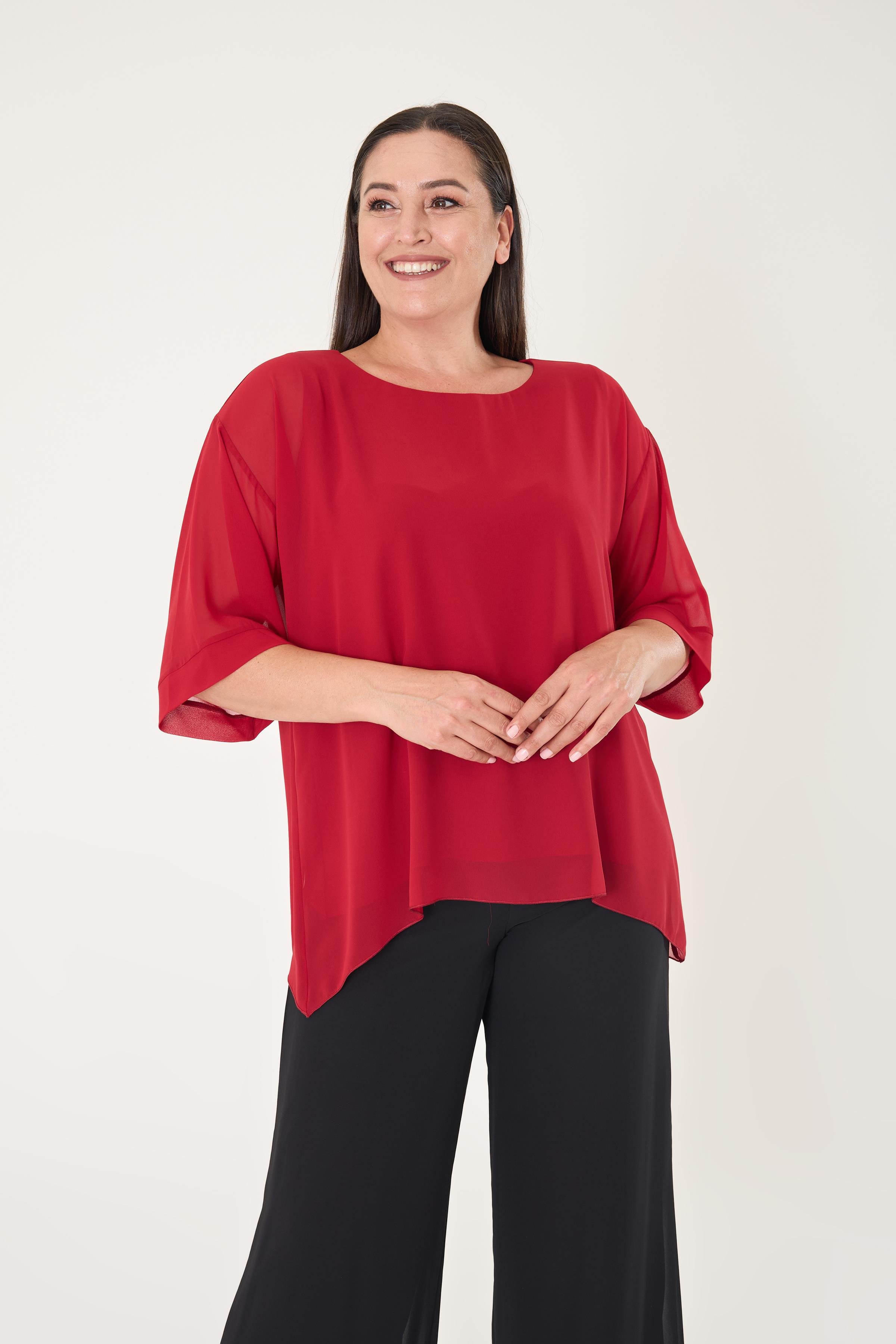 Büyük Beden Kırmızı Renkli Şifon Abiye Bluz