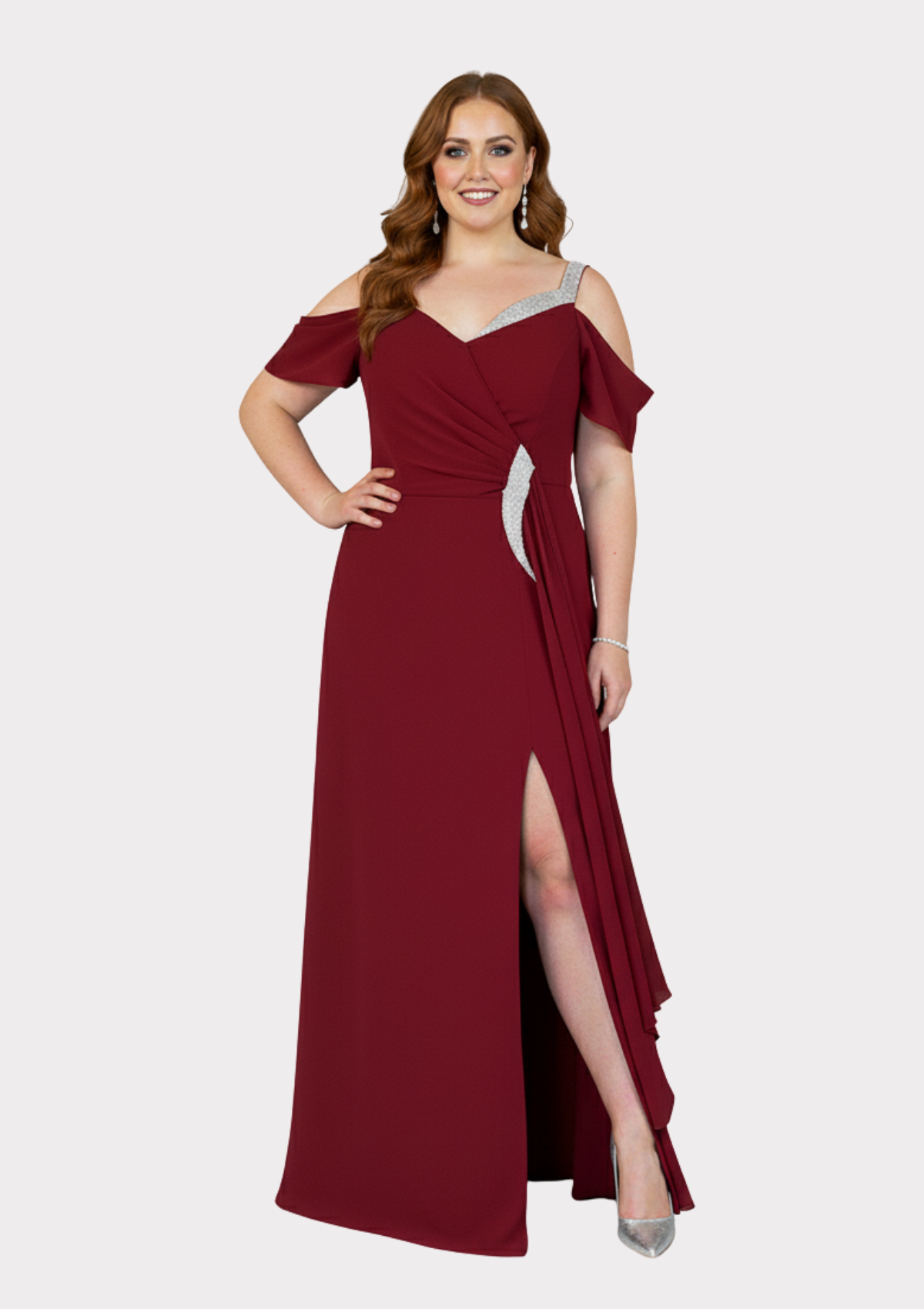 Büyük Beden Kırmızı Renkli Şifon Uzun Abiye Elbise