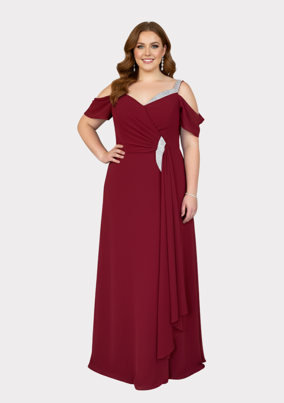 Büyük Beden Kırmızı Renkli Şifon Uzun Abiye Elbise