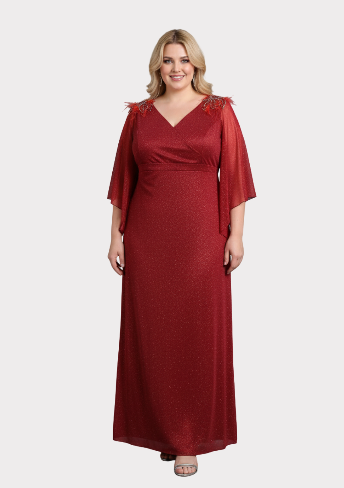 Büyük Beden Kısa Kollu Kırmızı Renkli Likralı Simli Uzun Abiye Elbise