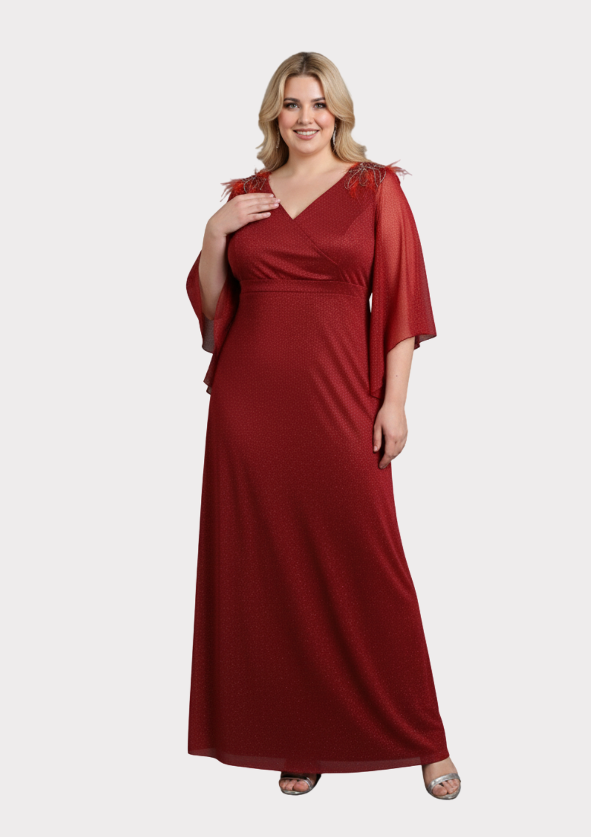 Büyük Beden Kısa Kollu Kırmızı Renkli Likralı Simli Uzun Abiye Elbise