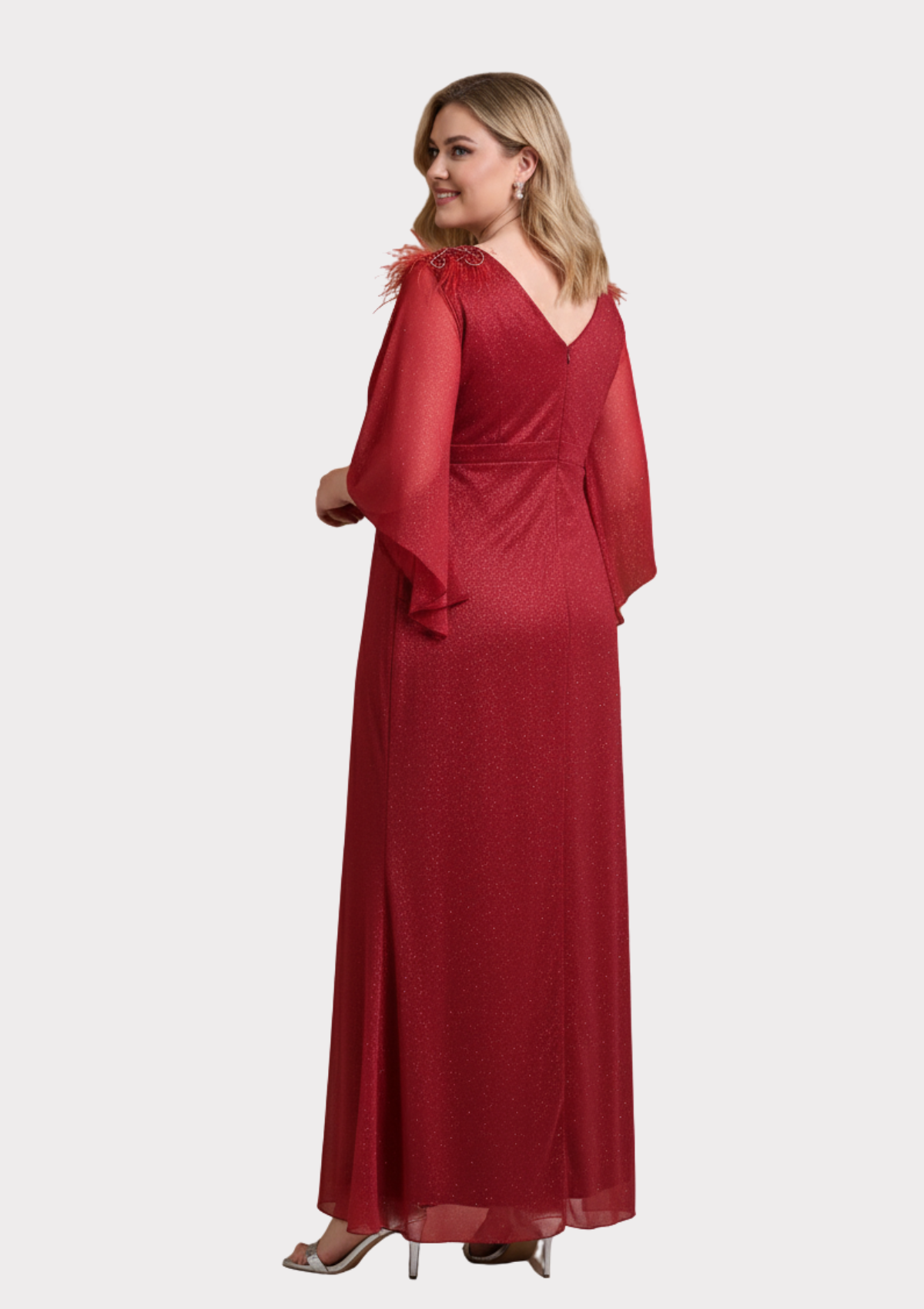 Büyük Beden Kısa Kollu Kırmızı Renkli Likralı Simli Uzun Abiye Elbise