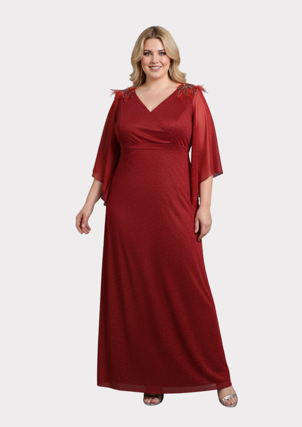 Büyük Beden Kısa Kollu Kırmızı Renkli Likralı Simli Uzun Abiye Elbise