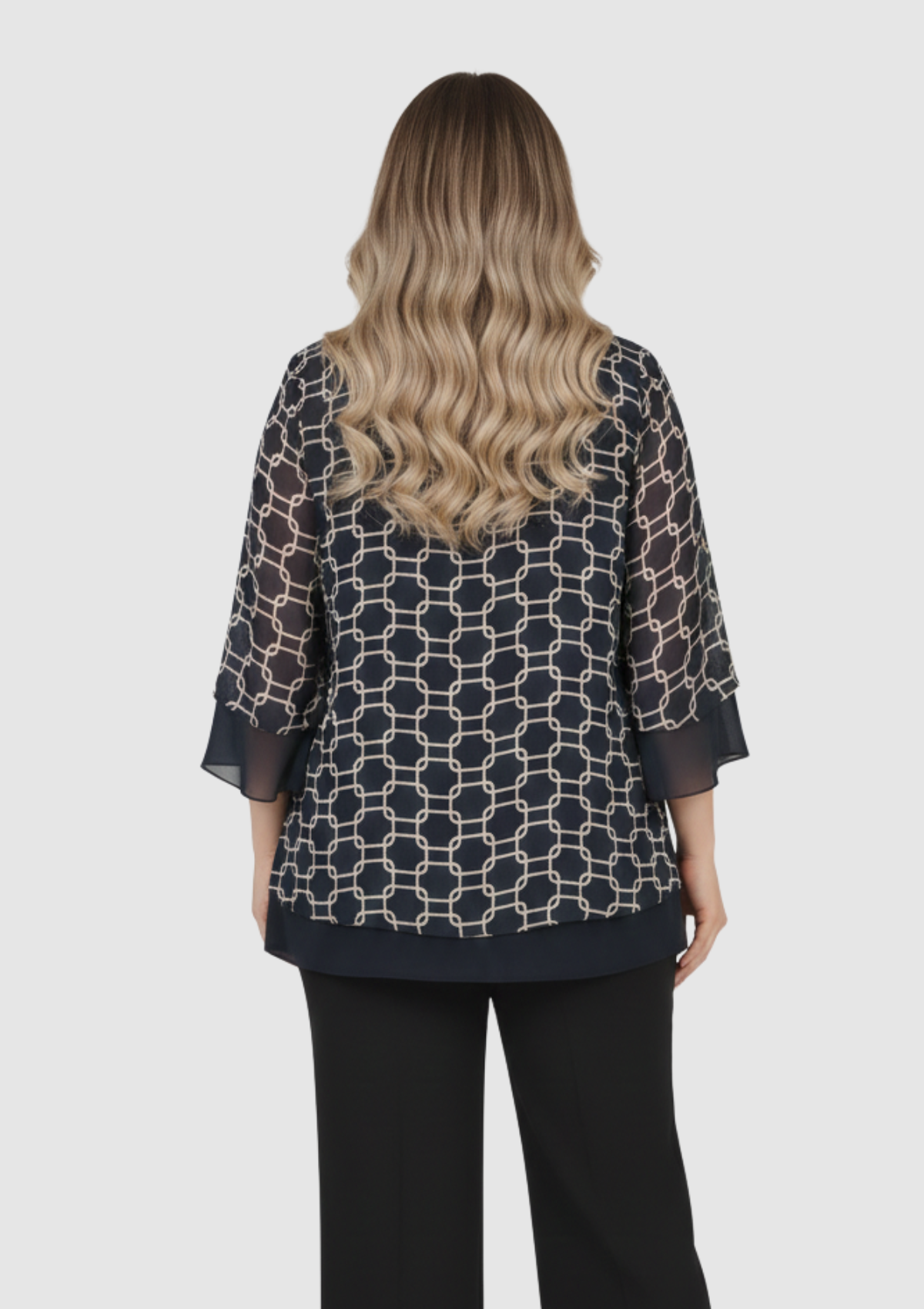 Büyük Beden Lacivert Desenli Şifon Bluz