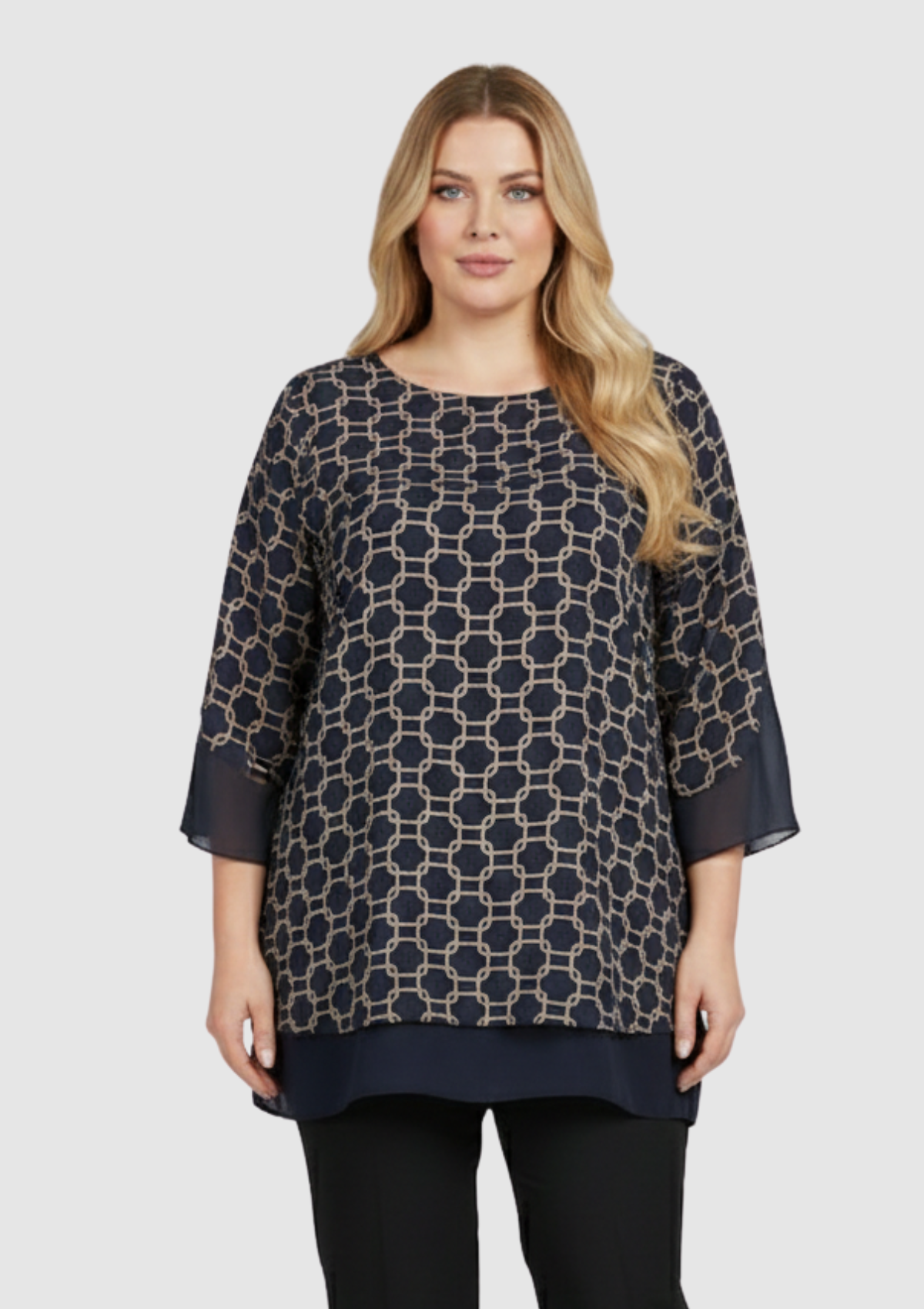 Büyük Beden Lacivert Desenli Şifon Bluz