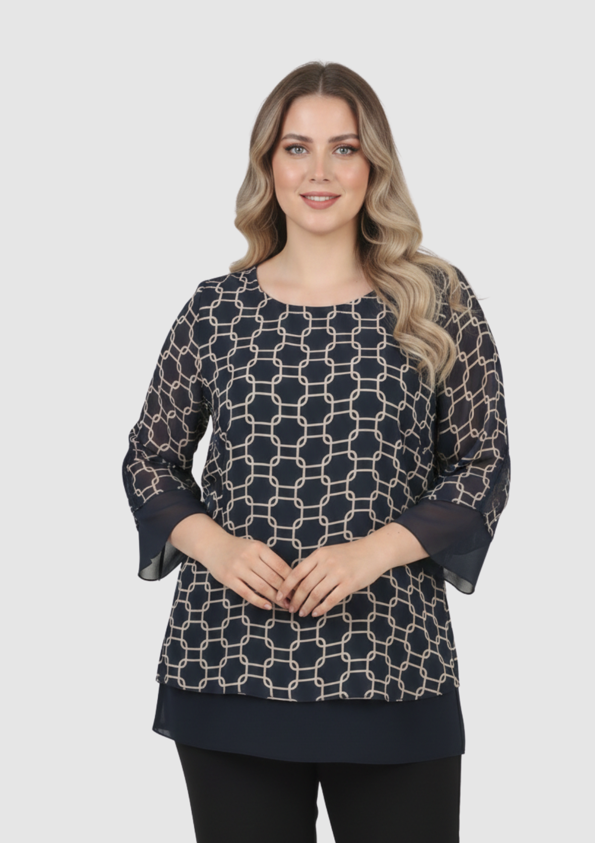 Büyük Beden Lacivert Desenli Şifon Bluz