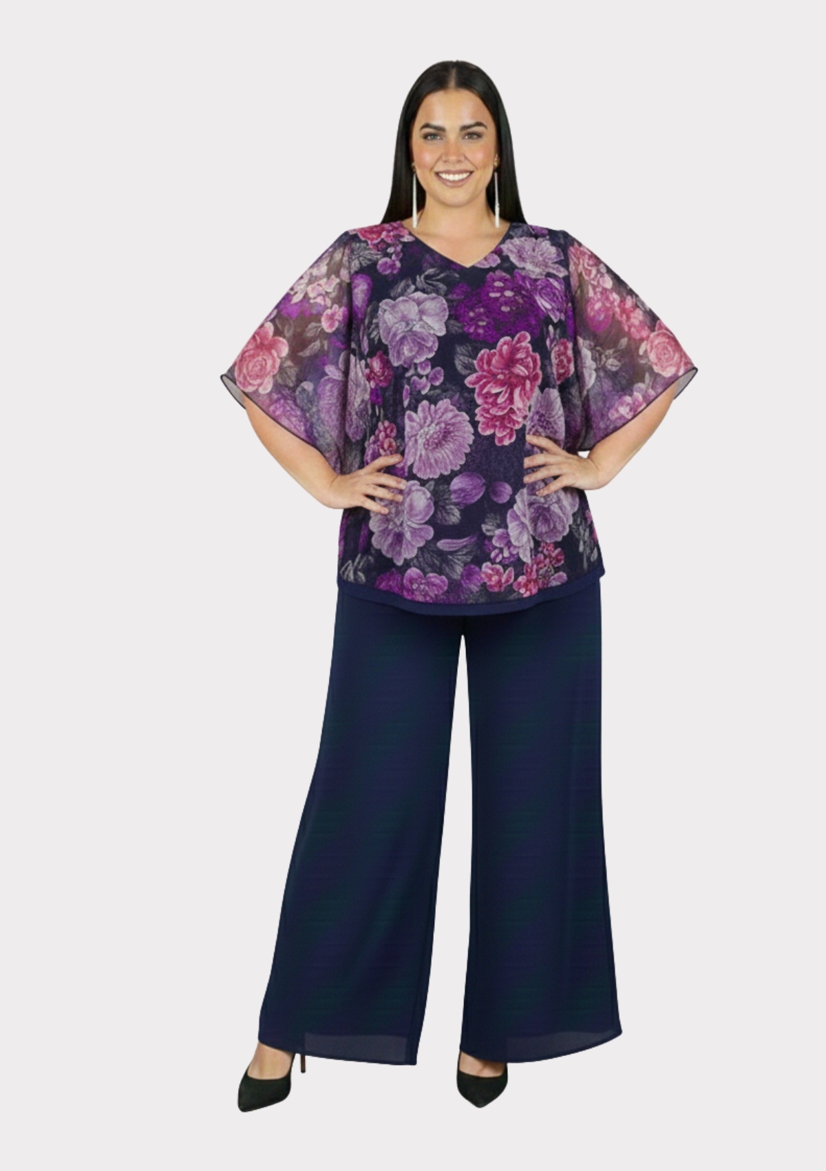 Büyük Beden Lacivert Fuşya Çiçek Desenli Şifon Bluz