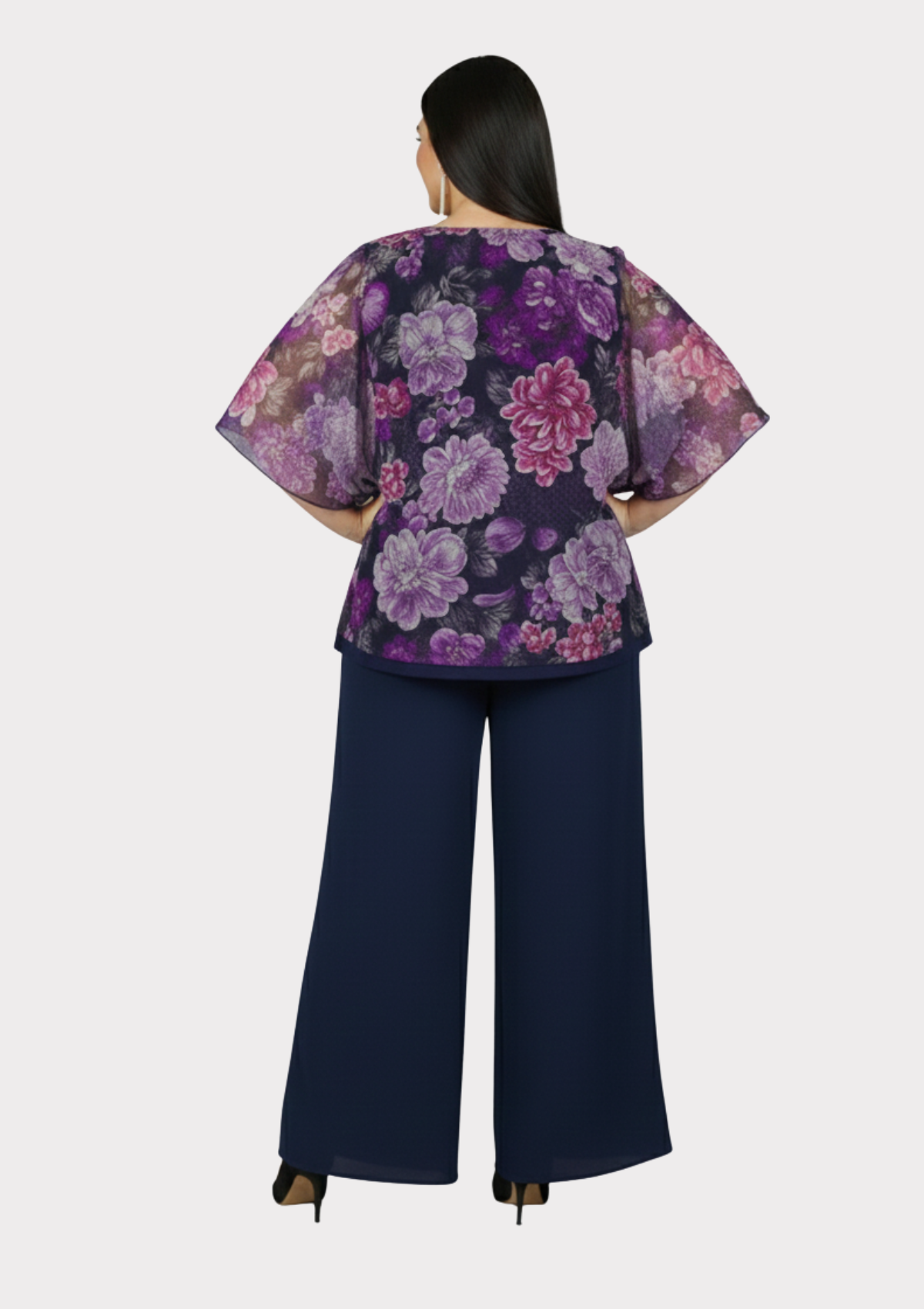Büyük Beden Lacivert Fuşya Çiçek Desenli Şifon Bluz