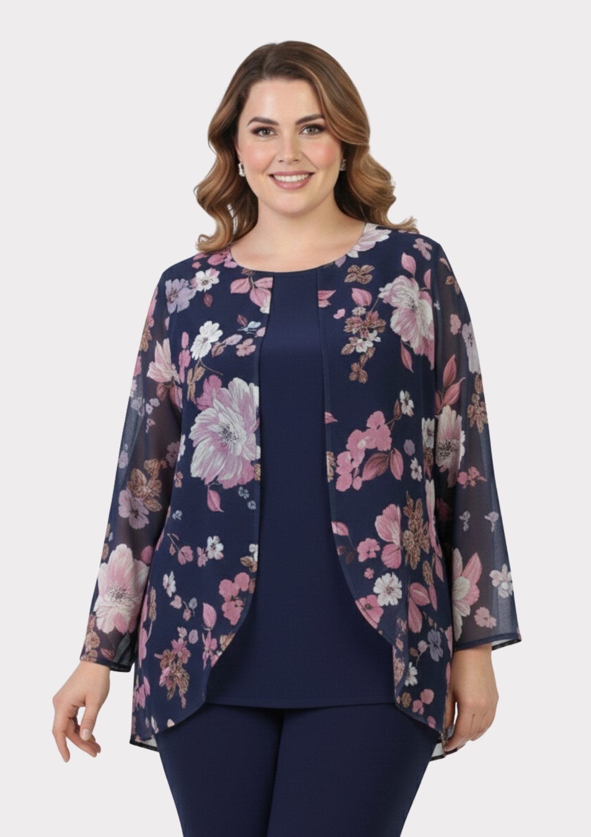 Büyük Beden Lacivert Renkli Çiçekli Şifon Bluz