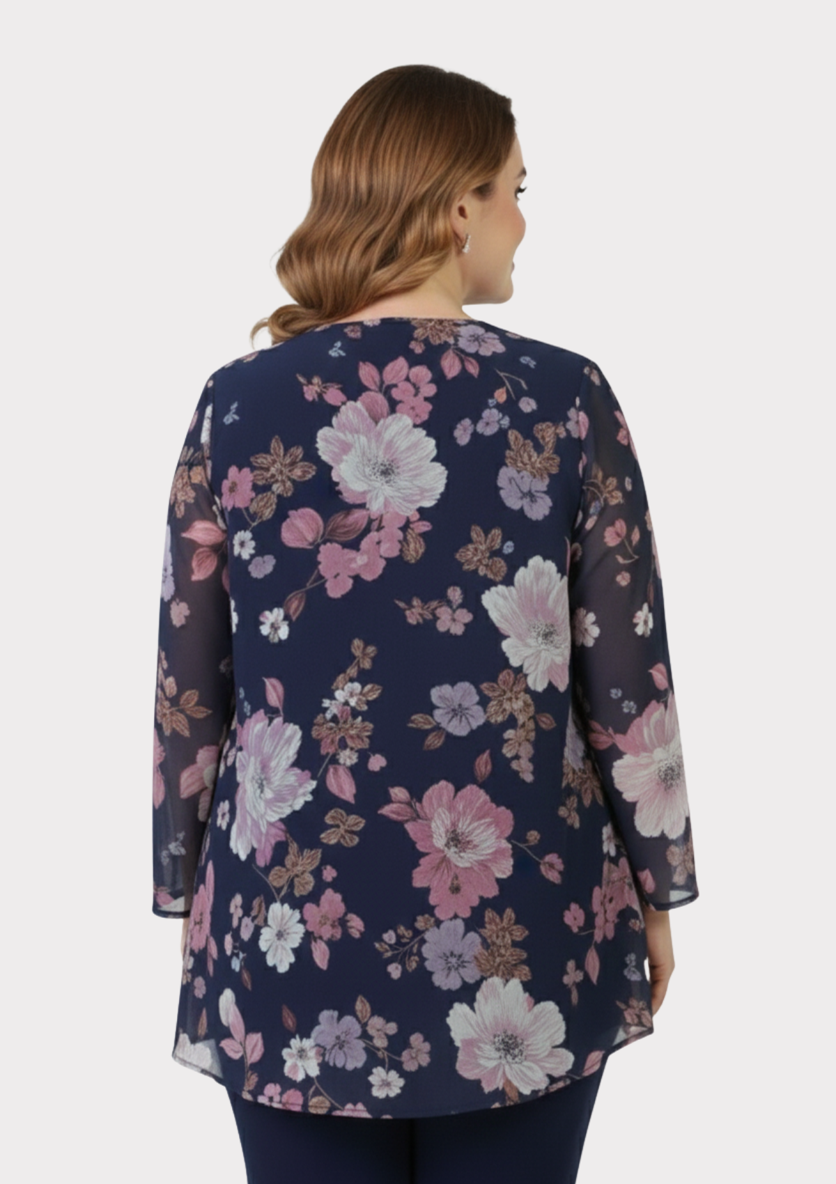 Büyük Beden Lacivert Renkli Çiçekli Şifon Bluz