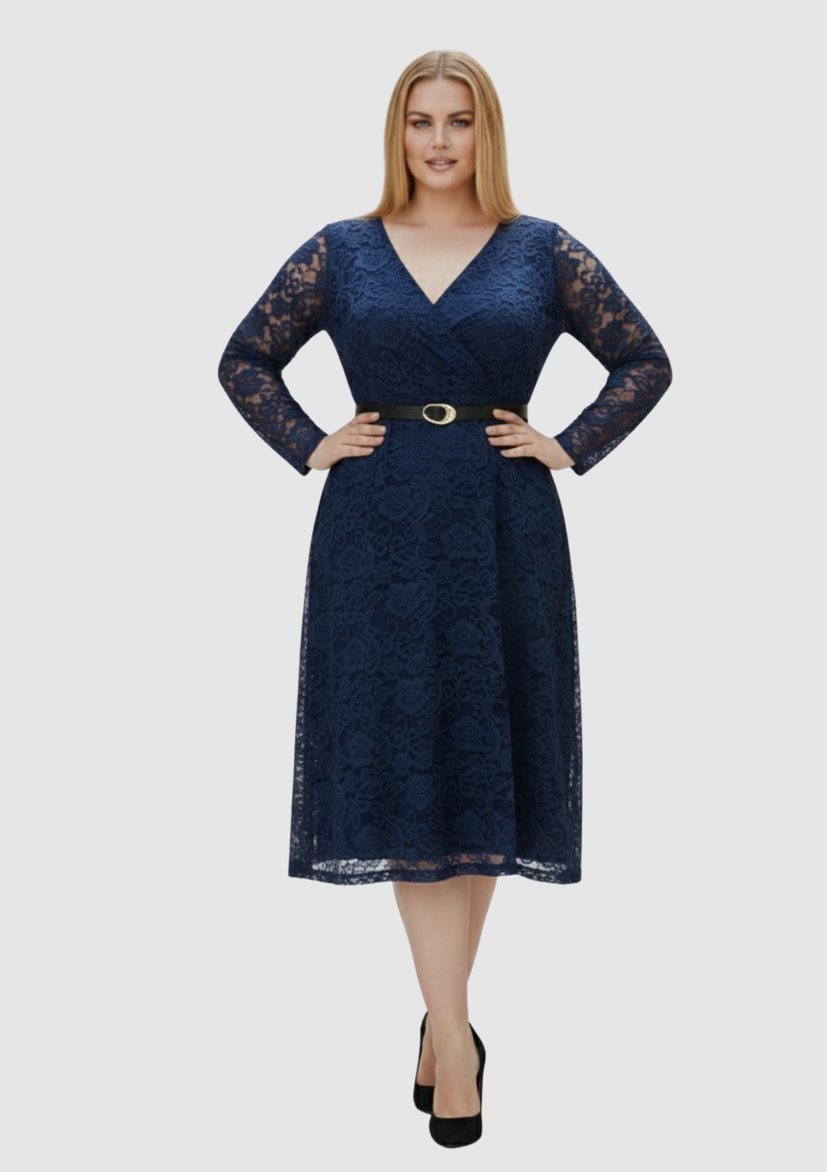 Büyük Beden Lacivert Renkli Dantel Kruvaze Yaka Abiye Elbise