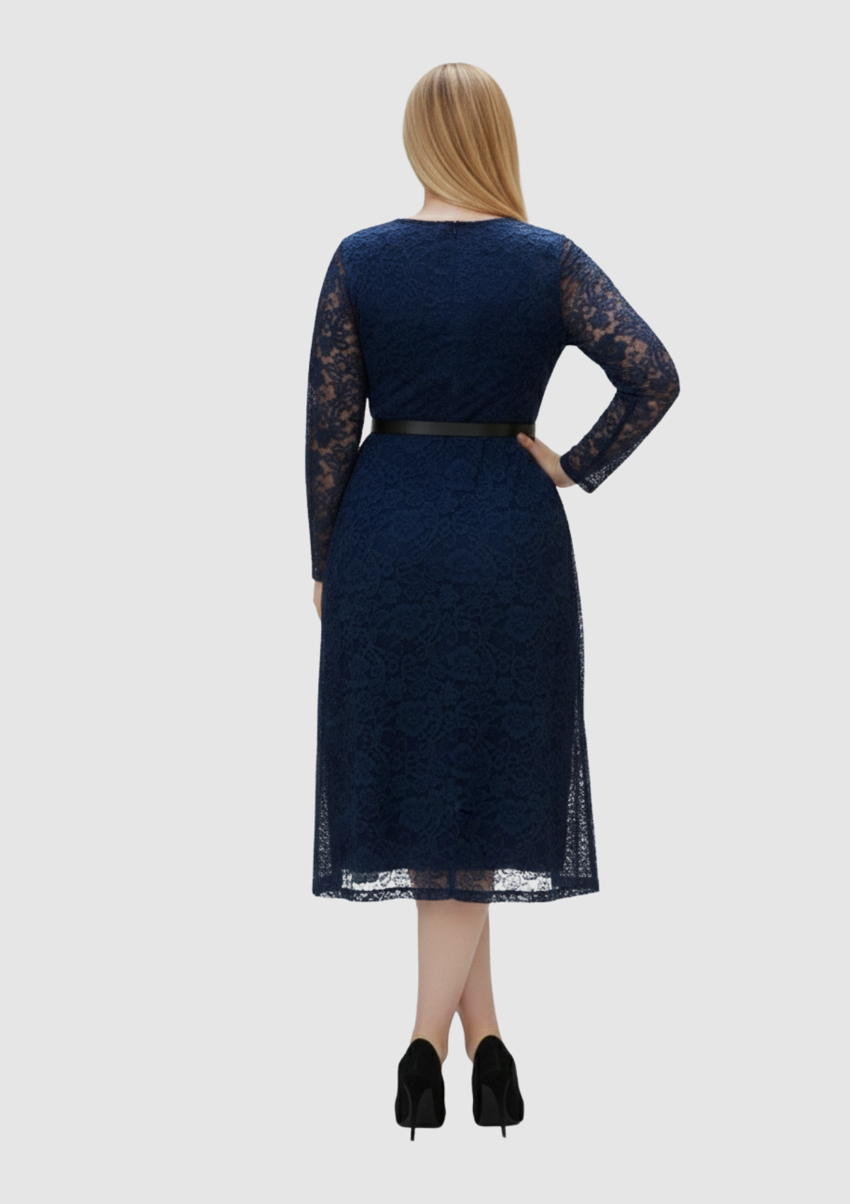 Büyük Beden Lacivert Renkli Dantel Kruvaze Yaka Abiye Elbise