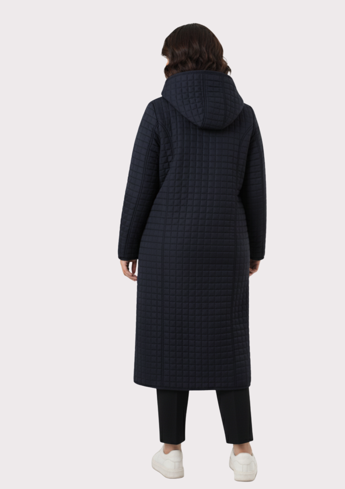 Büyük Beden Lacivert Renkli Kapşonlu Uzun Kapitone Mont