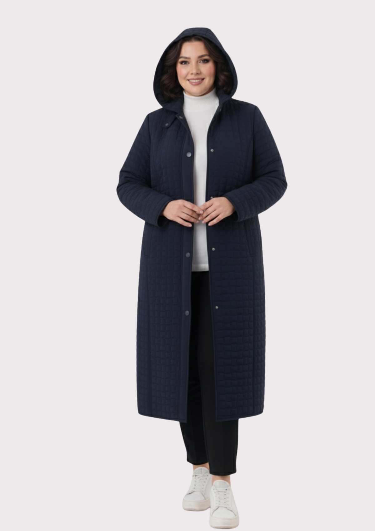 Büyük Beden Lacivert Renkli Kapşonlu Uzun Kapitone Mont