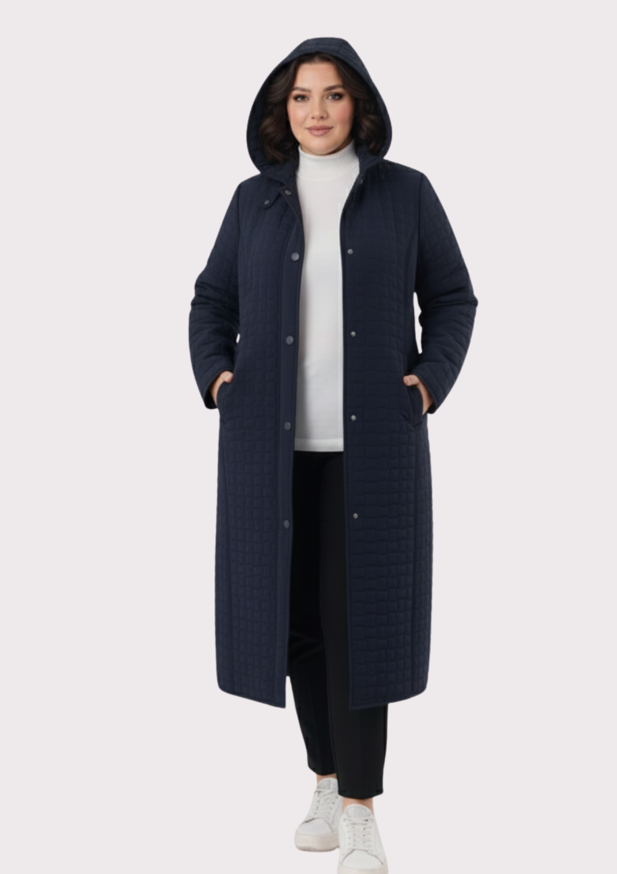 Büyük Beden Lacivert Renkli Kapşonlu Uzun Kapitone Mont