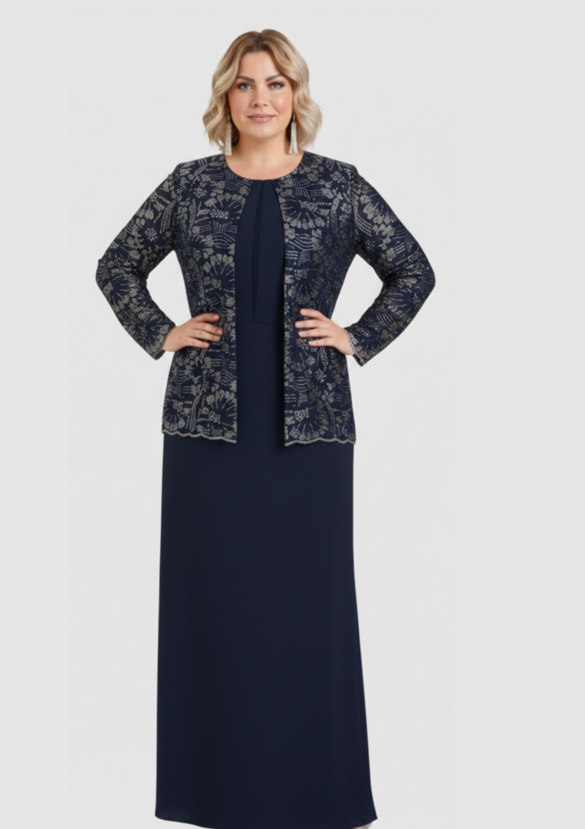 Büyük Beden Lacivert Renkli Krep Kumaş Uzun Abiye Elbise