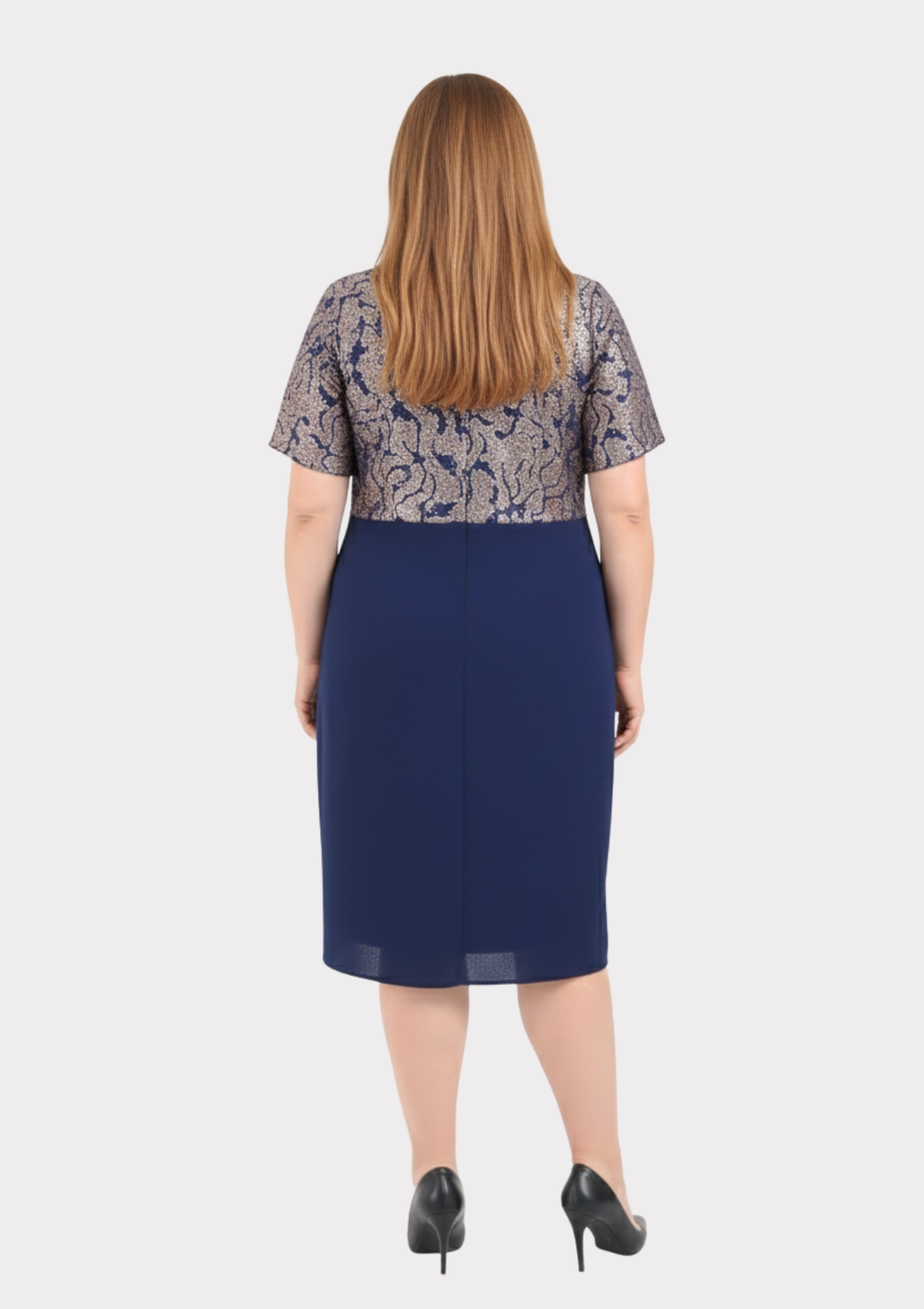 Büyük Beden Lacivert Renkli Krep Kumaş Kısa Abiye Elbise