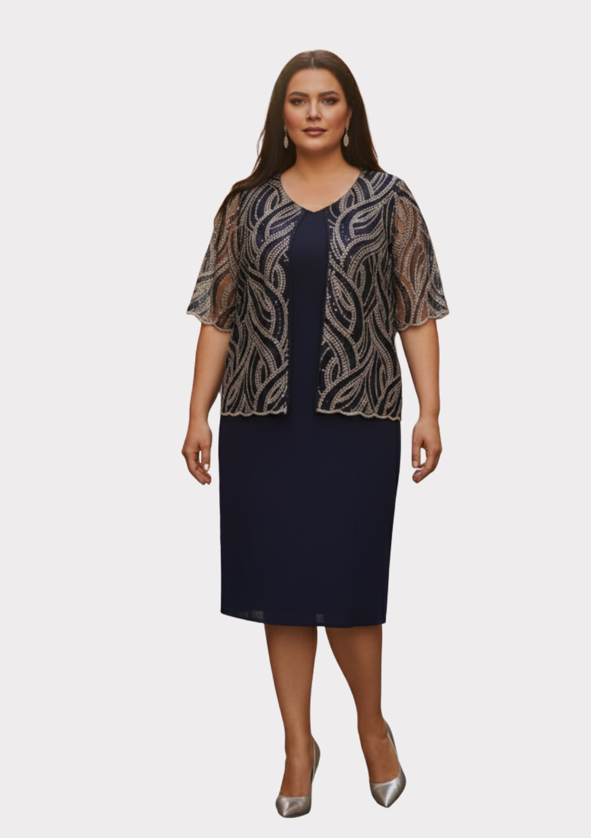Büyük Beden Lacivert Renkli Krep Kumaş Kısa Abiye Elbise