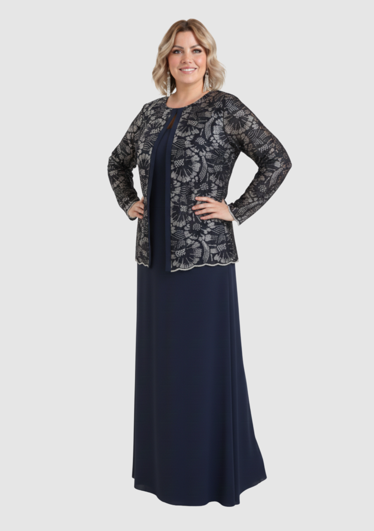 Büyük Beden Lacivert Renkli Krep Kumaş Uzun Abiye Elbise