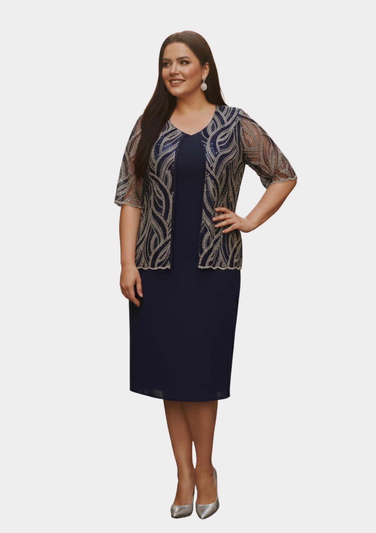 Büyük Beden Lacivert Renkli Krep Kumaş Kısa Abiye Elbise