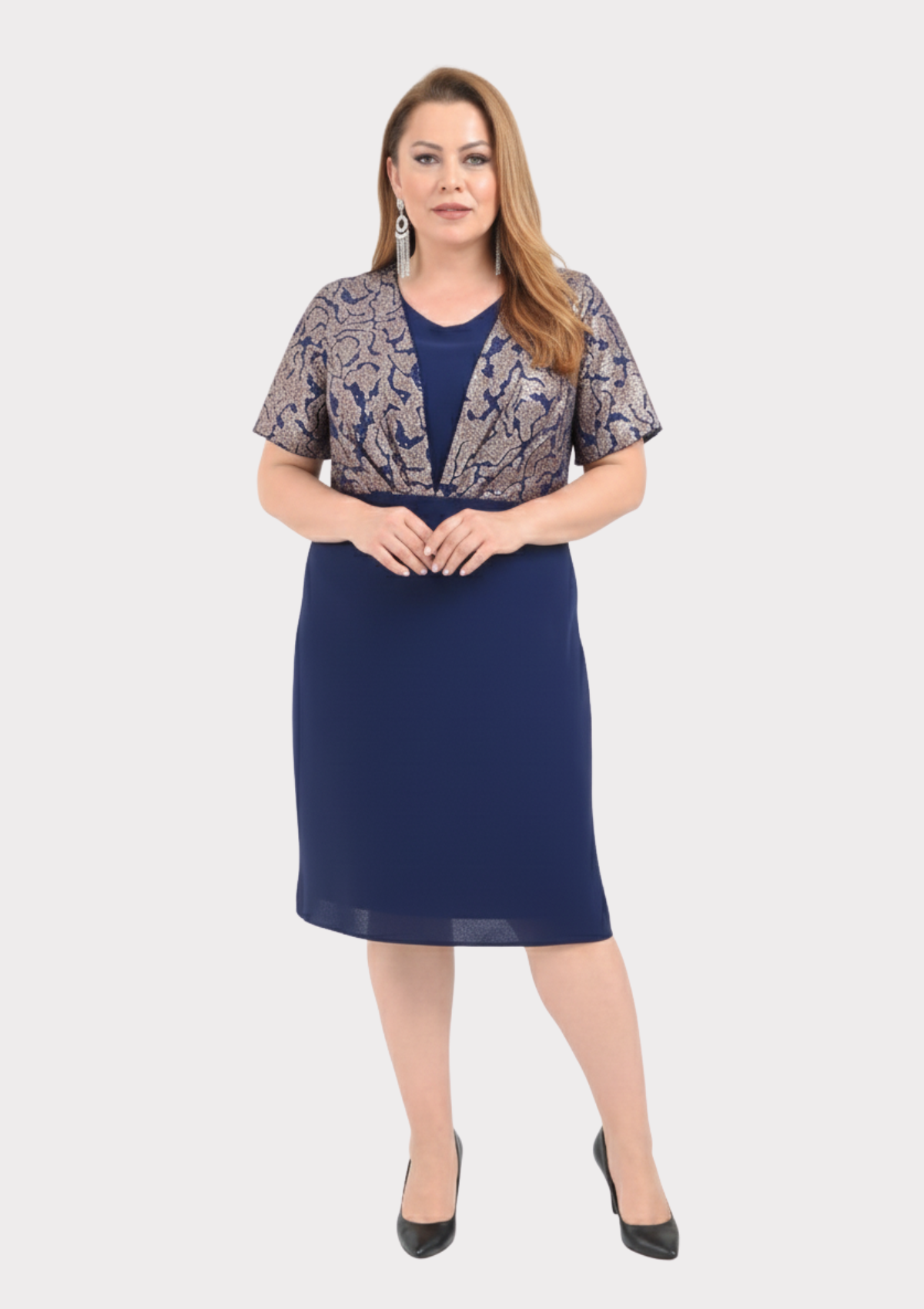 Büyük Beden Lacivert Renkli Krep Kumaş Kısa Abiye Elbise