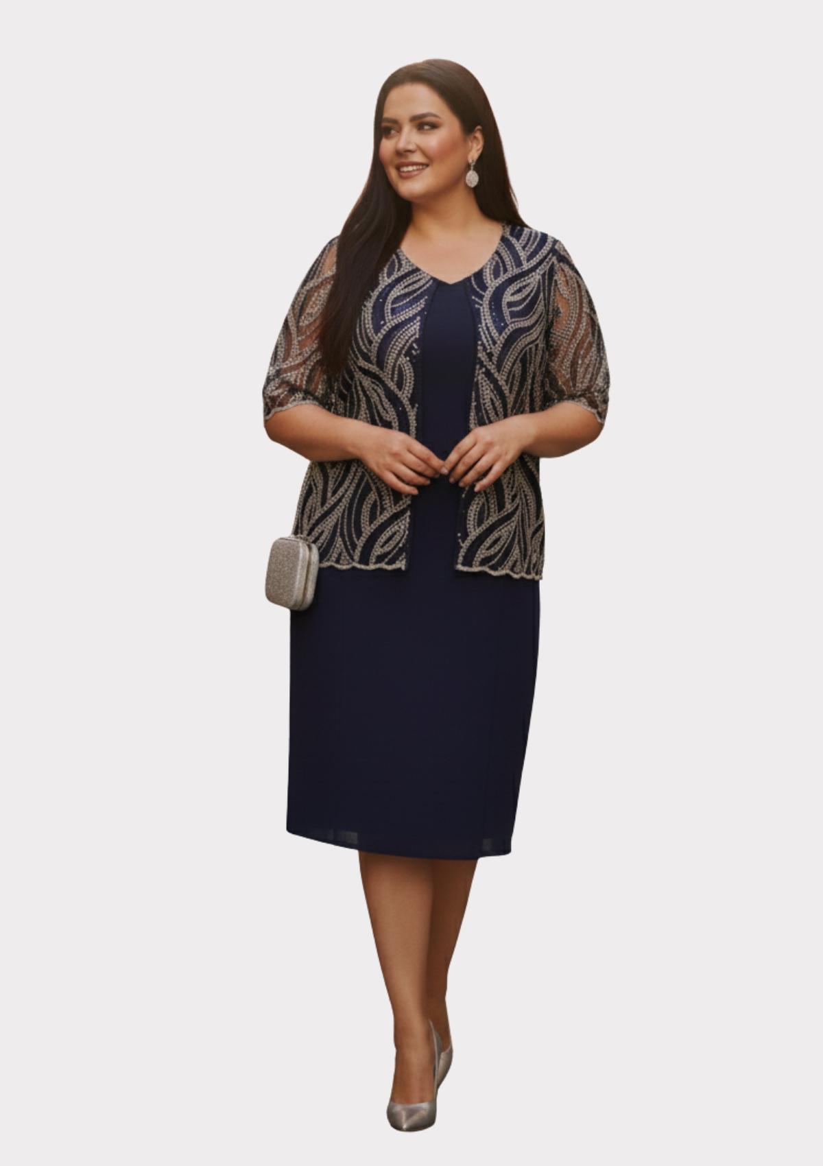 Büyük Beden Lacivert Renkli Krep Kumaş Kısa Abiye Elbise