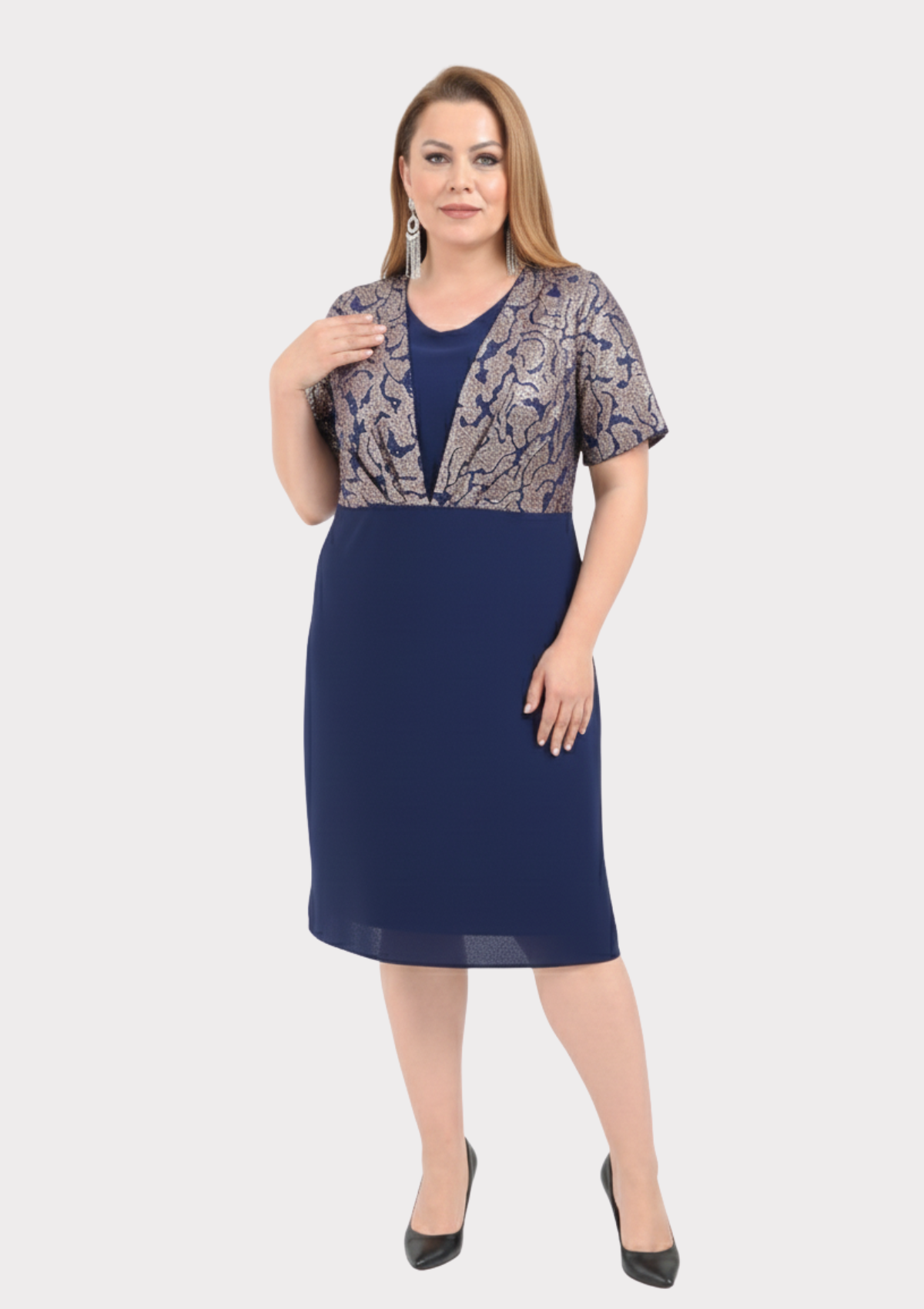 Büyük Beden Lacivert Renkli Krep Kumaş Kısa Abiye Elbise