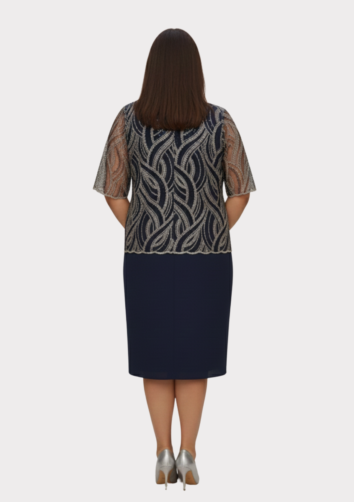 Büyük Beden Lacivert Renkli Krep Kumaş Kısa Abiye Elbise