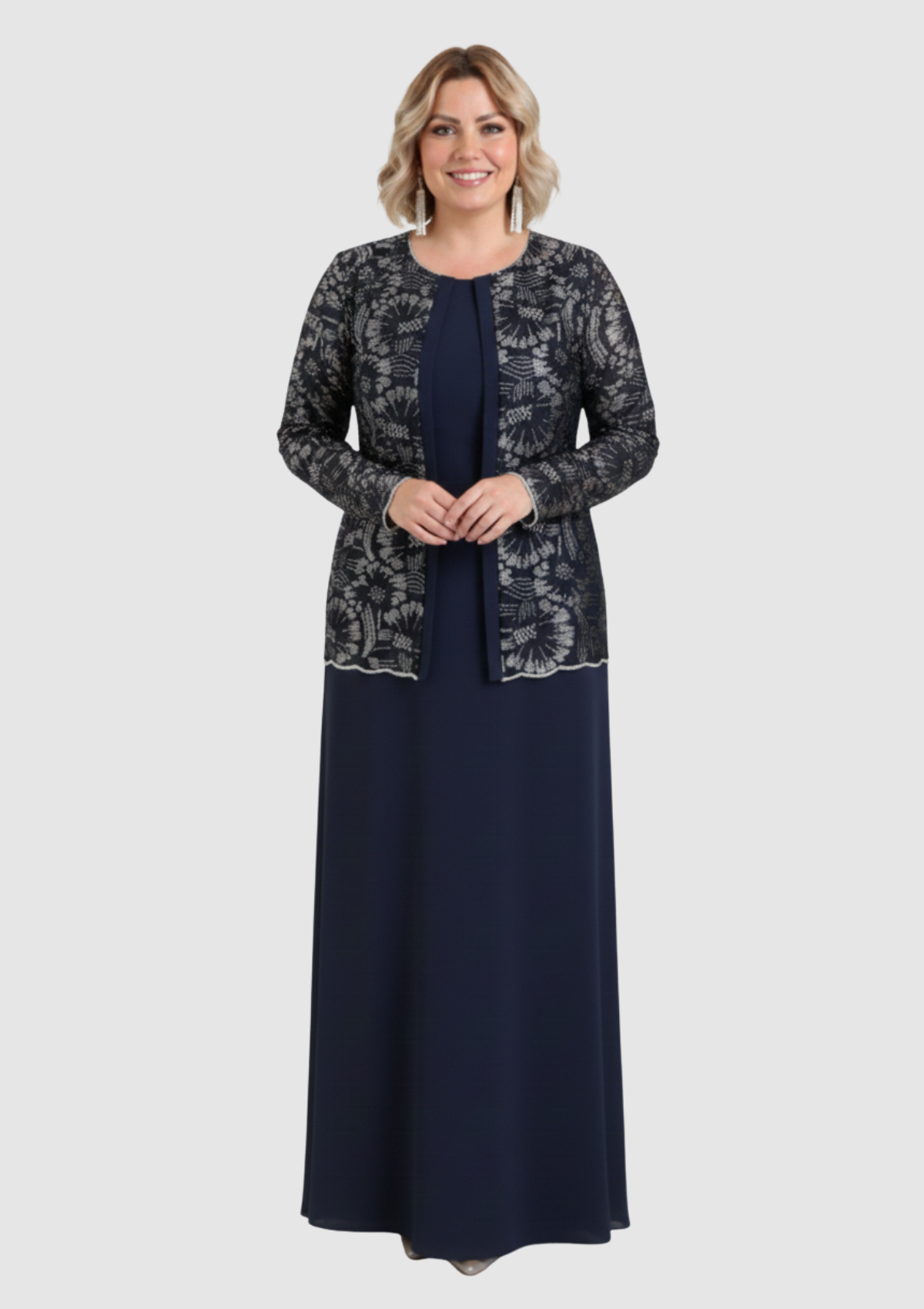 Büyük Beden Lacivert Renkli Krep Kumaş Uzun Abiye Elbise